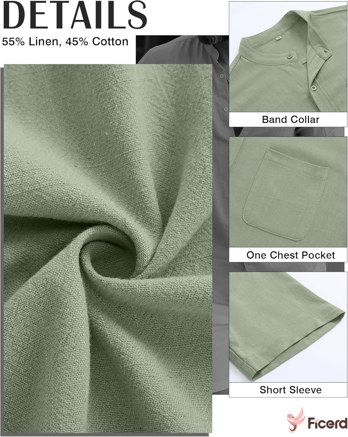 Ficerd Men's Linen Shirts, Short Sleeve Casual Beach Shirts Button Down Band Collar Comfortable Summer Tees M-6XL - Image 5