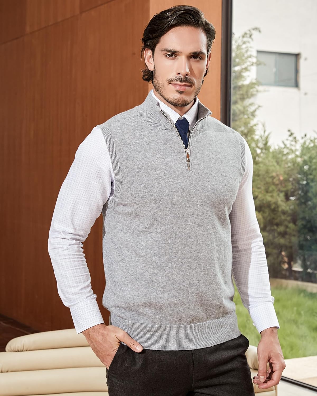 Kallspin Mens Pure Cotton Quarter Zip Sweater Vest V Neck Lightweight Sleeveless Knitted Pullover for Golf Casual