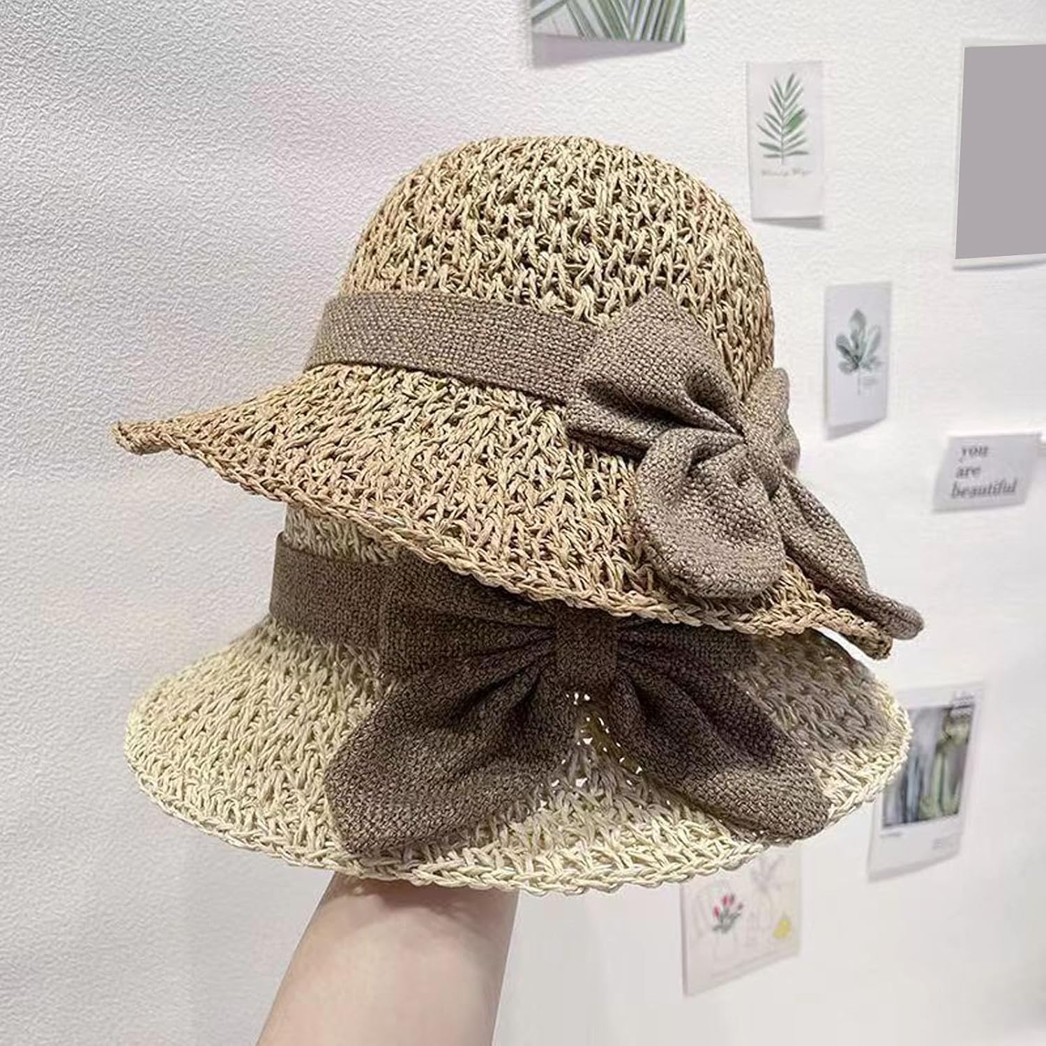 Fashionable Delicate Straw Bonnet Hat for Teens Women Adjustable Cord Wide Sun Visors Protects from Ray Security Sun Hat