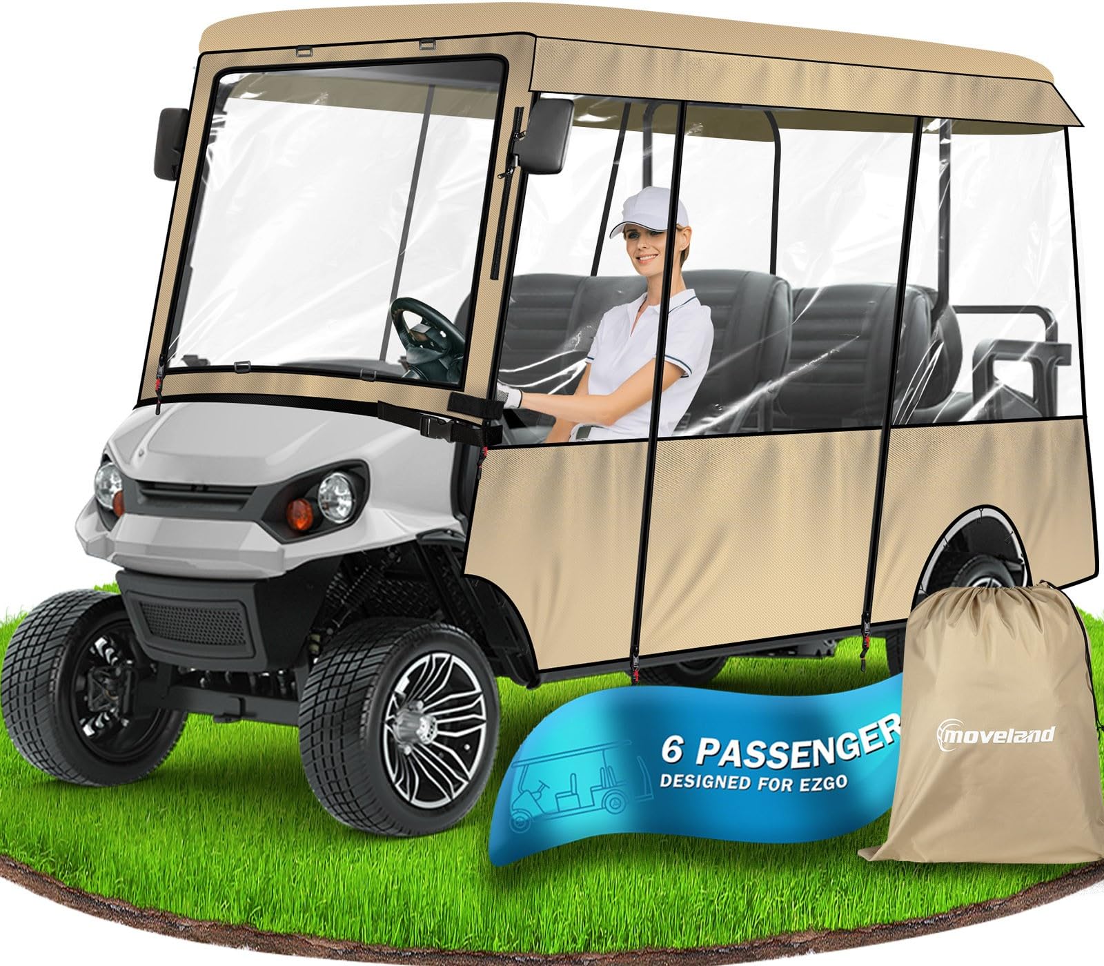 moveland 6 Passenger Golf Cart Driving Enclosure - Heavy Duty Golf Car Rain Cover for EZGO 118" Roof - Upgraded Stronger Door Zipper for Golf Cart Outdoor Enclosure | Taupe