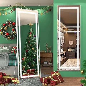 FENNIO Full Length Mirror with Lights 63"x20", LED Full Body Mirror, Free Standing Lighted Mirror, Wall Mounted Hanging Mirror with Light for Bedroom, Aluminum Frame, Dimming & 3 Color Lighting