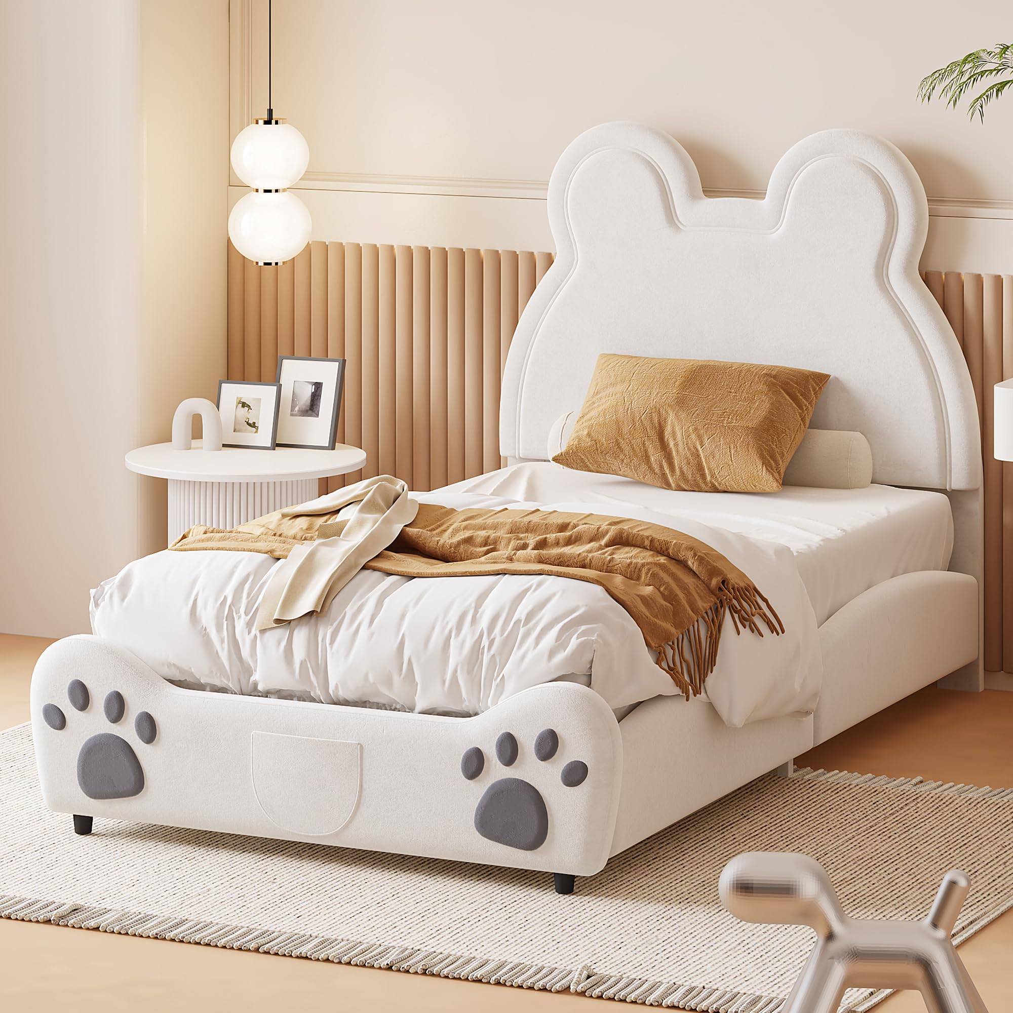 RIAZOS Bett 90x200 mit Lattenrost Kinder Mädchen Einzelbett, Kinderbett, Bärenform, Bettgestell, Jugendbett, Bett für Jungen und Mädchen, Samt, ohne Matratze
