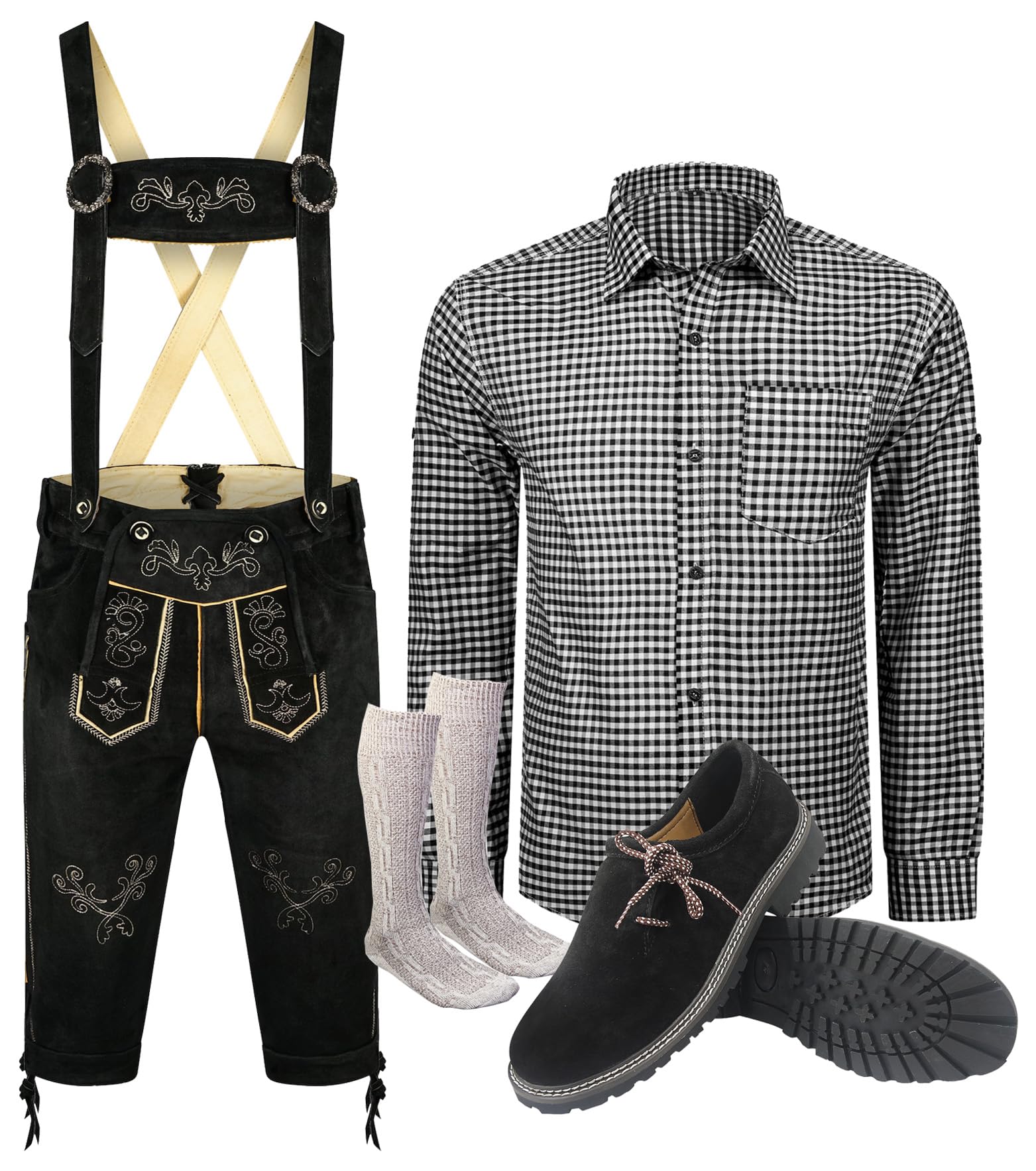 ALL THE GOOD Herren Trachten set Oktoberfest (Hose +Hemd +Schuhe +Socken) Bayerische Lederhose Trachtenhose Leder Hose S3