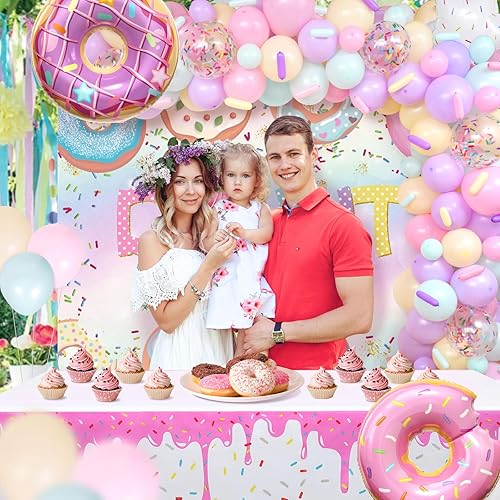 Miniatura 7 de Winrayk 131 piezas de decoración de fiesta de cumpleaños en forma de dona para niñas, kit de arco de guirnalda de globos de dona, mantel de telón de