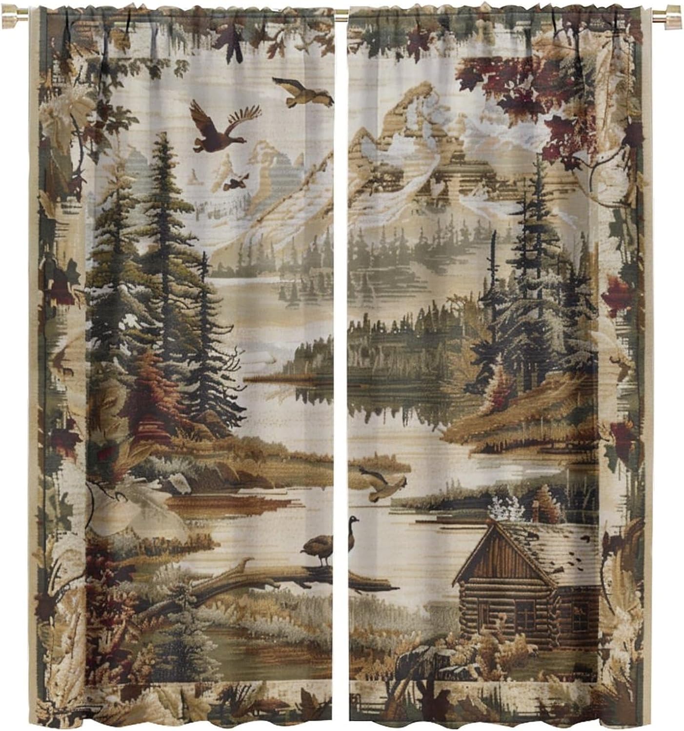 Retro Rustic Jungle Cabin Blackout Curtains for Bedroom Living Room, Rod Pocket Mountain Lake Duck Bird Curtains Thermal Insulated Window Drapes 2 Panels, Each 21W x 45L