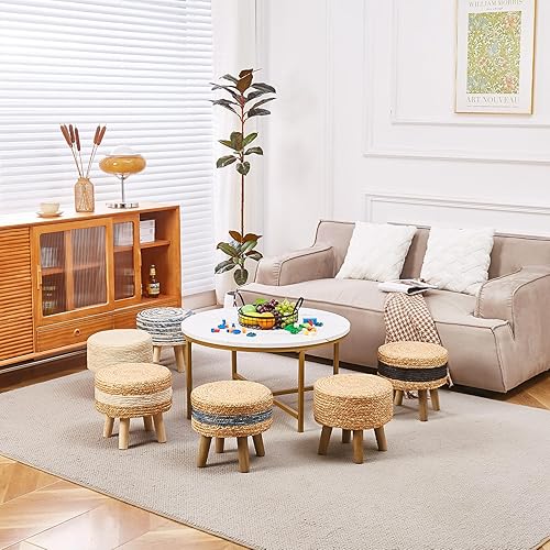 Miniatura 5 de Cpintltr Reposapiés redondo otomano natural de algas marinas, tejido a mano, pufs de jacinto de agua, ecológico, taburete suave, reposapiés