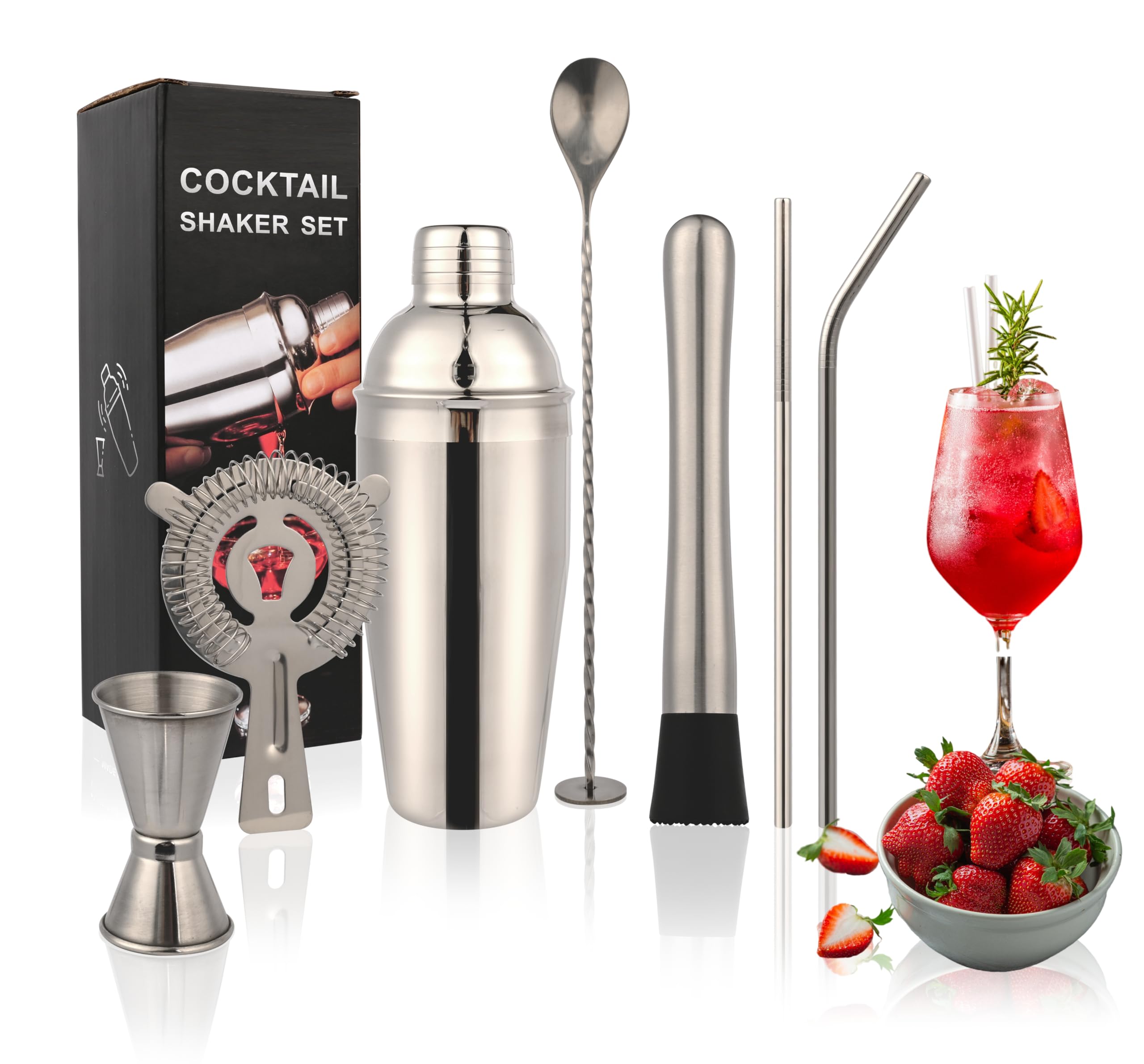Multiflux Silver 8-Piece Bartender Kit – Stainless Steel Cocktail Shaker Set (25Oz) Jigger, Muddler, Spoon, Strainer, Straws & Recipe Booklet – Professional Cocktail Making Set For Home Bar, Parties & Gifts
