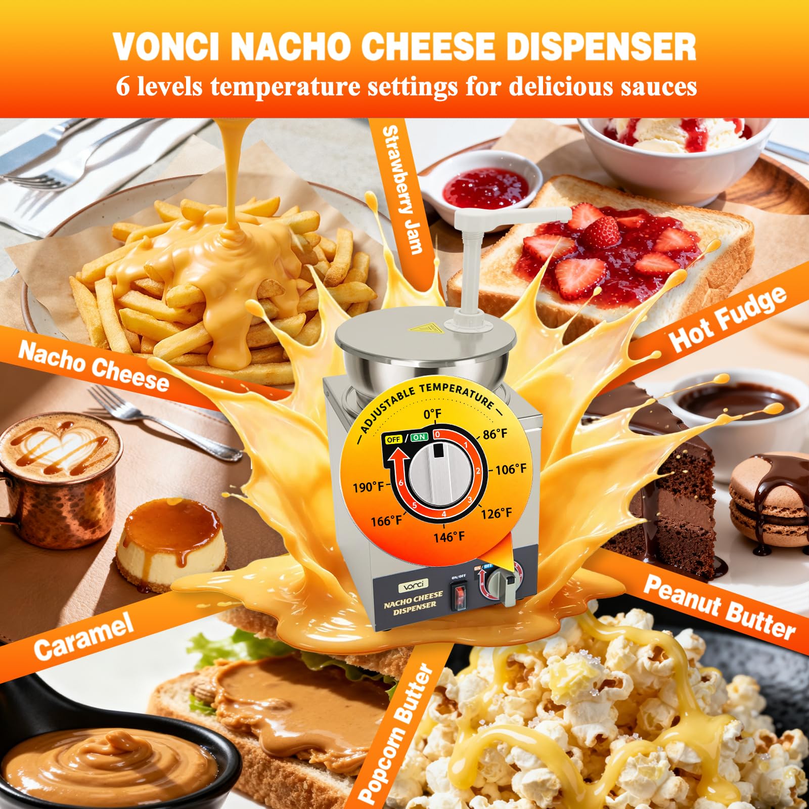 VONCI Dispensador de queso Nacho, calentador de queso Nacho de 4.3 cuartos de galón con bomba de plástico, dispensador de dulce caliente con ajuste de temperatura de 6 niveles, dispensador de queso