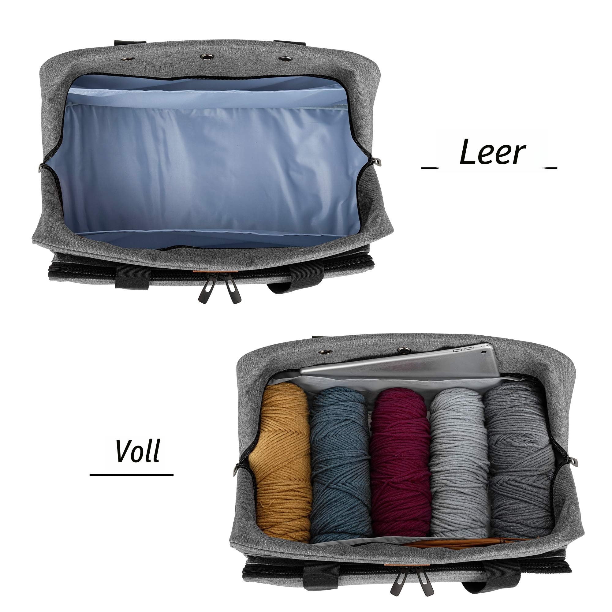 CURMIO Wolle Aufbewahrungstasche, Stricktasche für Garn, Tragetasche zum Stricken von Projekten, Häkel-/Stricknadeln und Anderem Zubehör (OHNE ZUBEHÖR ENTHALTEN), Grau