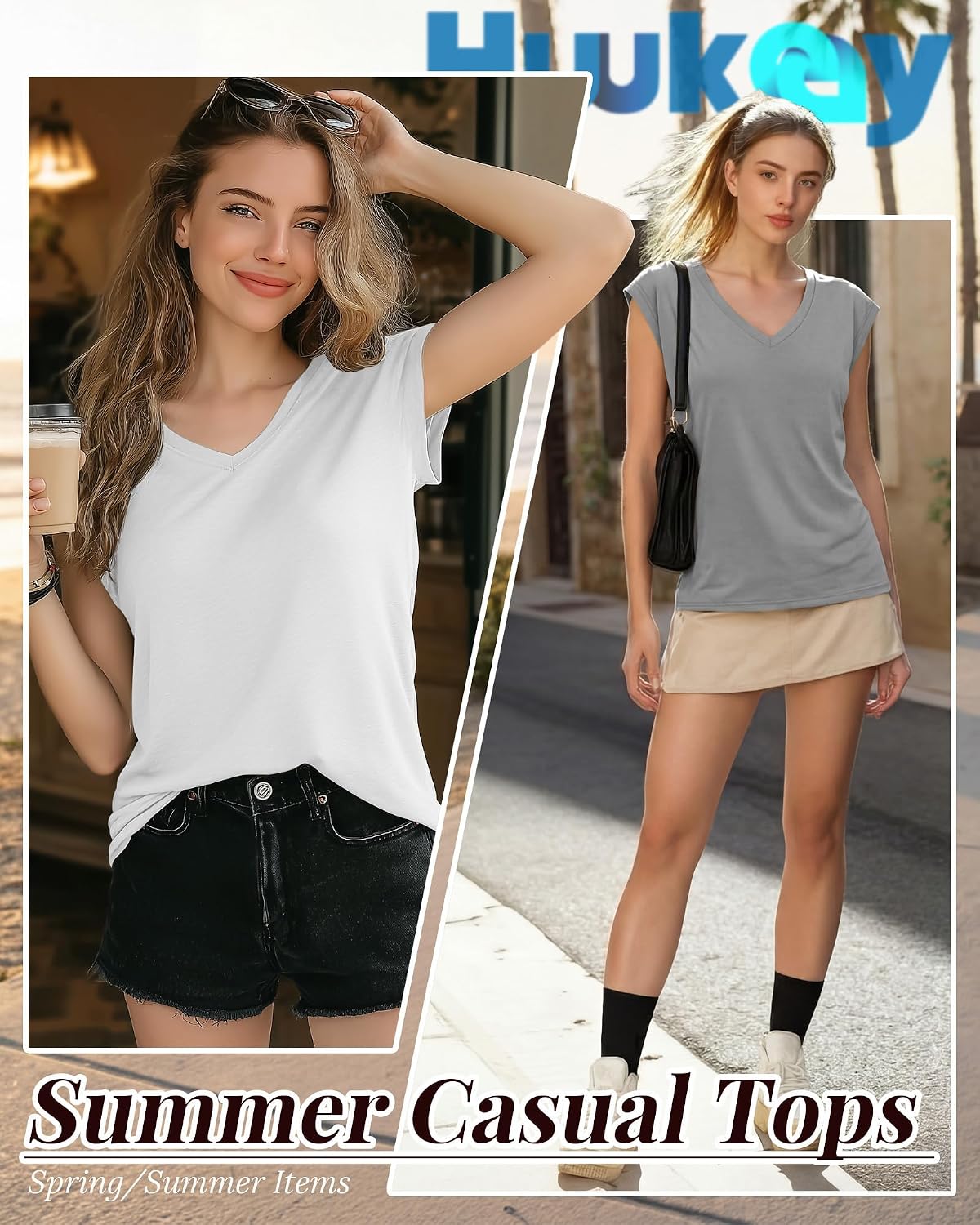 Huukeay 3 Pack Women’s V Neck T Shirts, Cap Sleeve Summer Casual Tops Loose Fit Short Sleeve Tees Basic Trendy Shirts