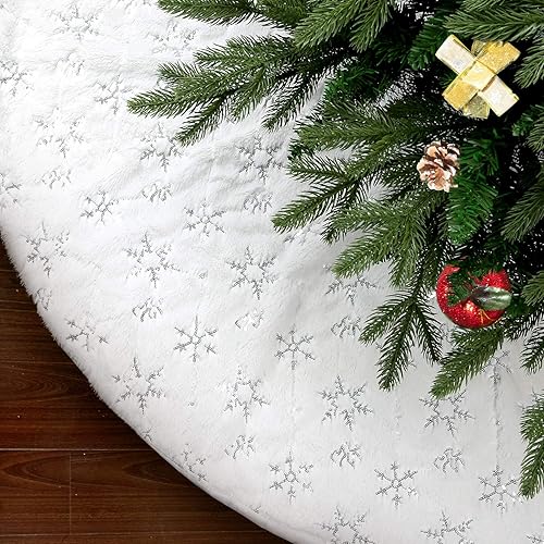 SAVITA Falda de árbol de Navidad de 48 pulgadas, falda de árbol de Navidad de piel sintética de lujo, falda de árbol blanco nevado suave para