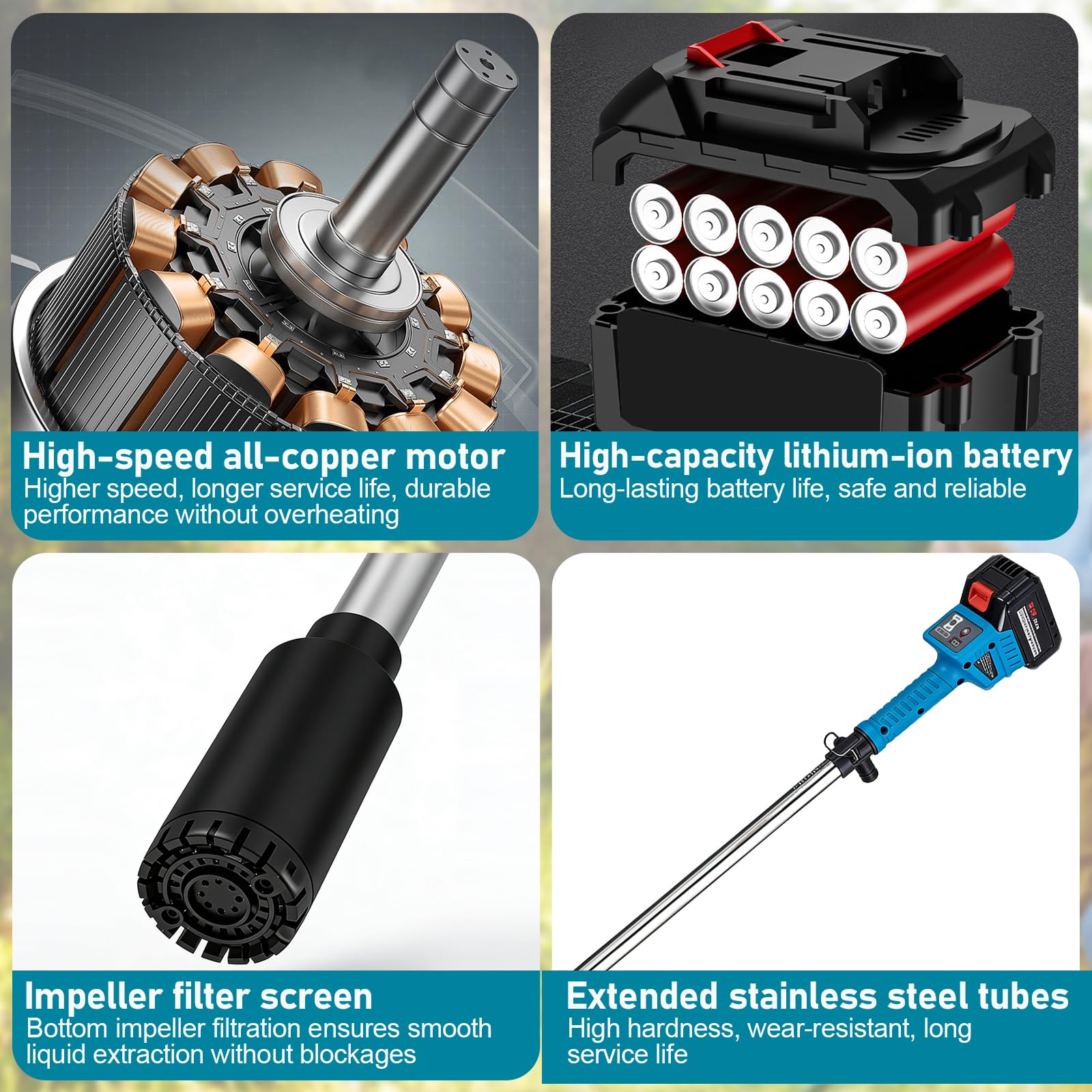 Akku Regenfasspumpe 21V, Regenfasspumpe Akku mit 2×1500mAh Akku und 8m Schlauch, Bürstenlos Motor,3-stufiger Durchfluss, max.Fördermenge 3000 L/h, Förderhöhe 8 m, für Garten Pool Wohnmobil Regentonne