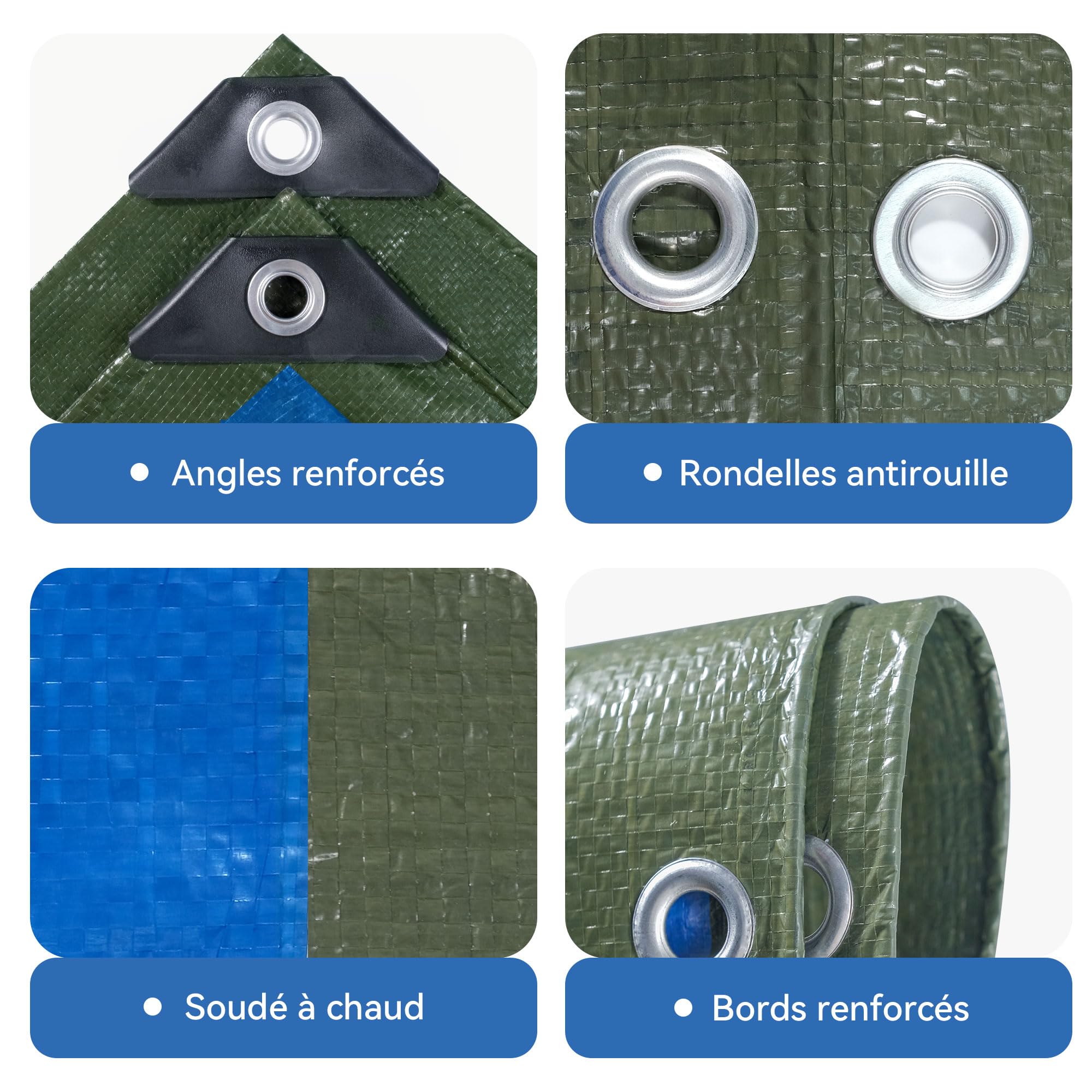 Bâche imperméable extérieure 6mx8m,75g/m²Multifonction pour Camion | Résistant UV et déchirure, œillets métalliques antirouille, vert & bleu, polyvalent pour voiture, jardin, camping