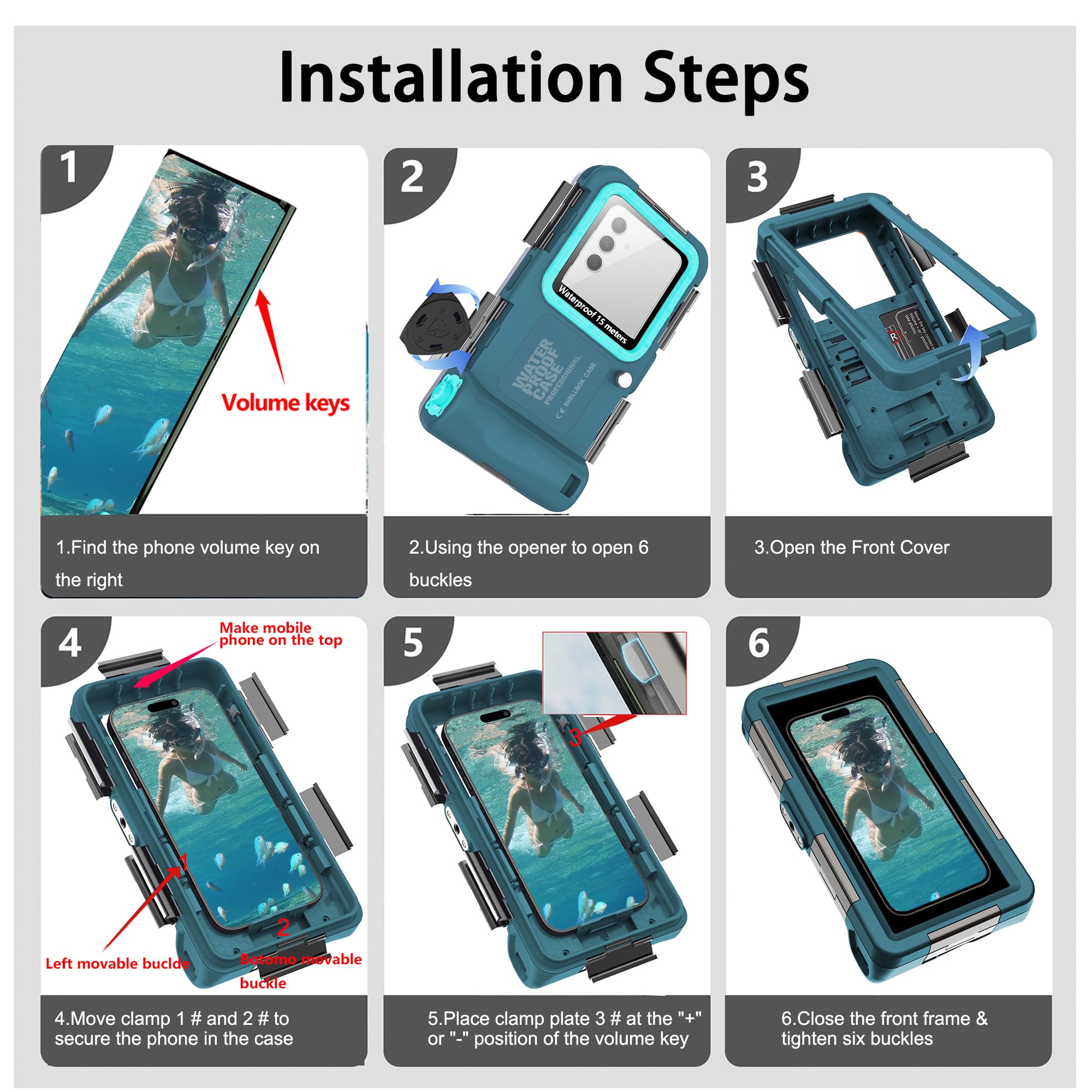 Universelles Tauchen, 15 m, Unterwasser-Schnorcheln, wasserdichte Handyhülle für Samsung Galaxy S26/25/S24/S23 Ultra/Plus, Google Pixel, Motorola, Huawei/LG-Serie, Lautstärke-Taste, Blaugrün