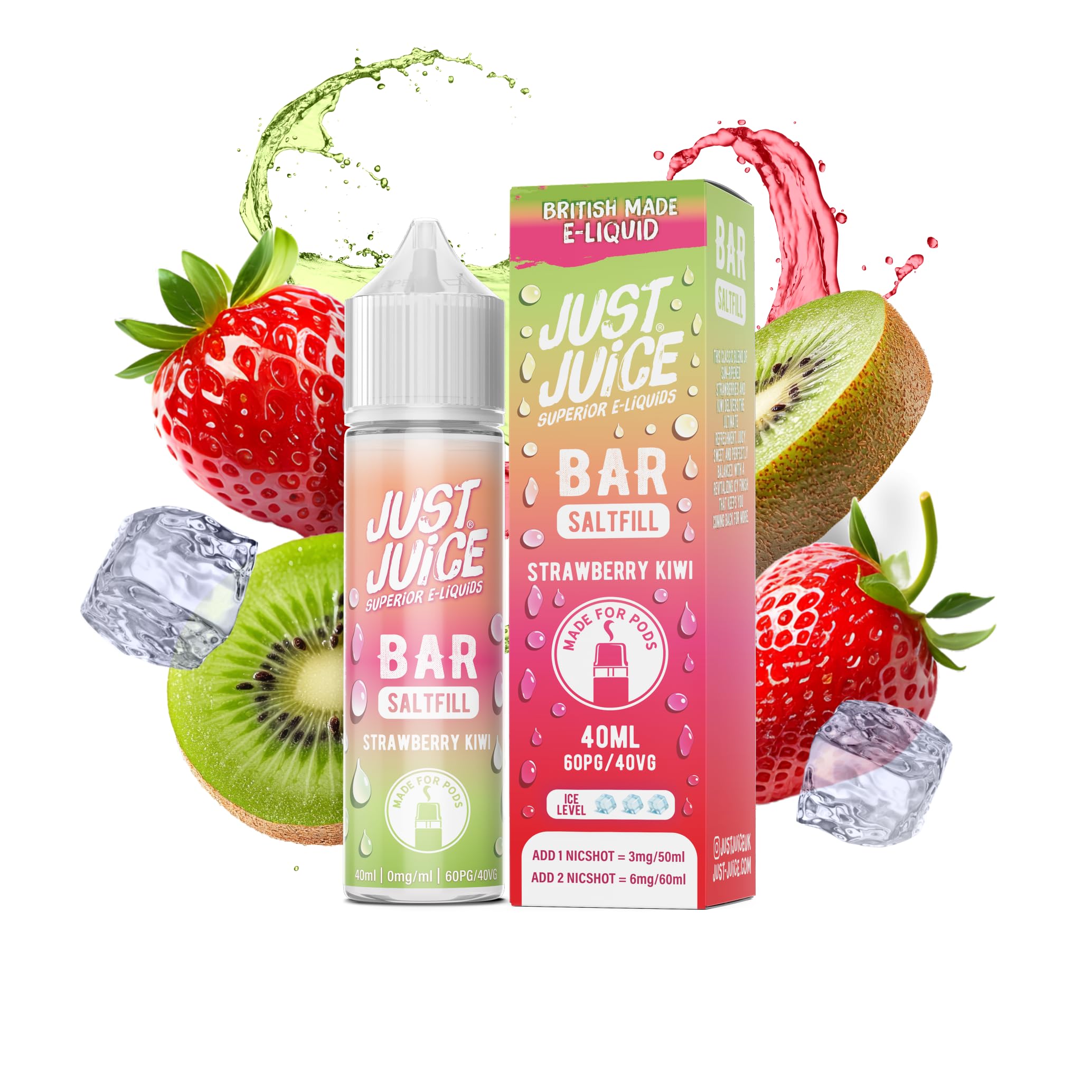 Just Juice Superior E-Liquids Bar Saltfill Vape Liquid - Strawberry Kiwi Flavour - 60ml Bottle with 40ml of Super Concentrated Juice, 60/40 0mg e-Liquid
