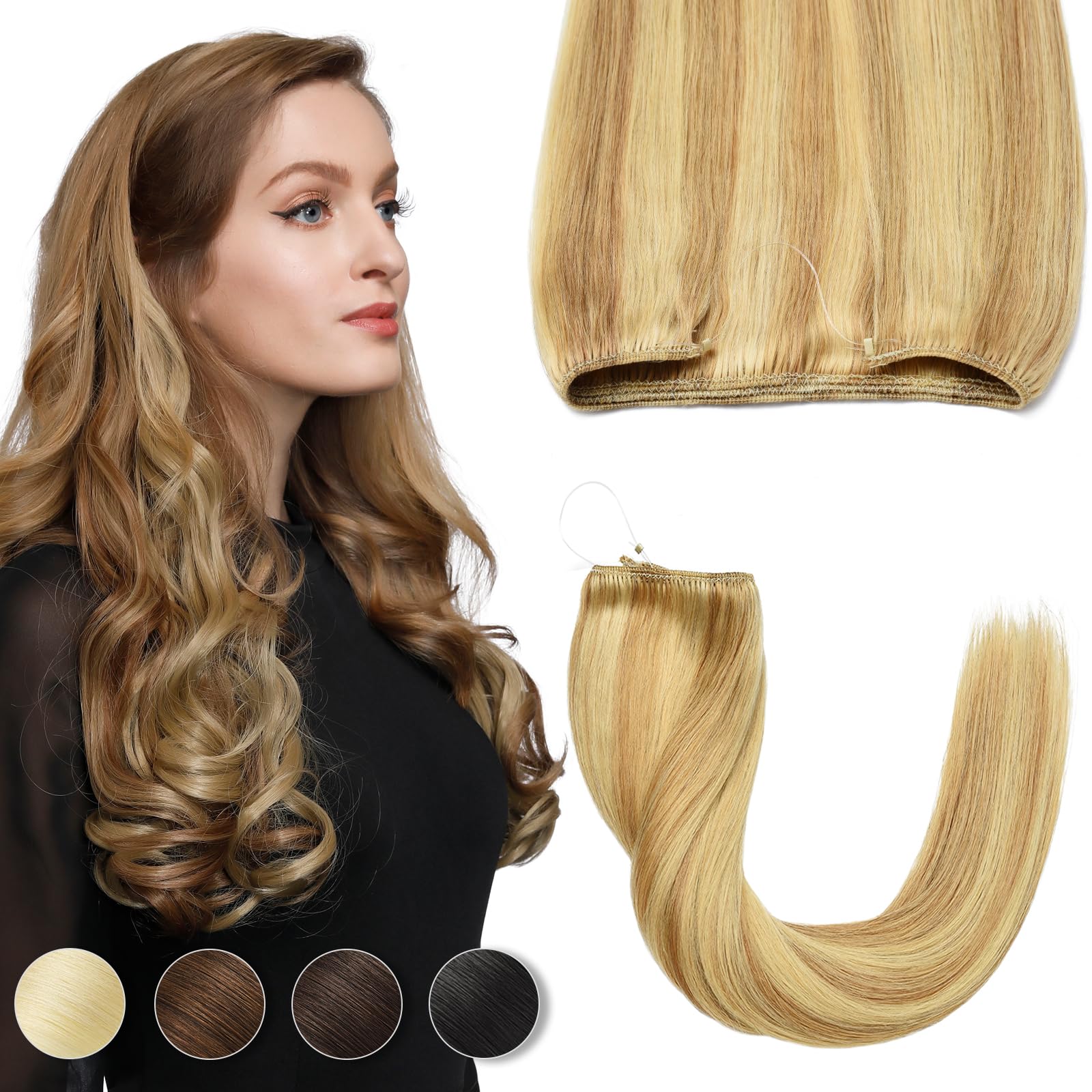 YamelInvisible Wire Hair Extension Highlight 16 inch Human Hair Fish Line 1 Piece Real Human Hair Secret Extensions