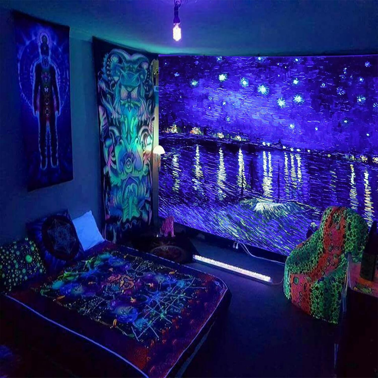 PSYHILAR Blacklight Posters for Teens, Vincent Van Gogh Black Light Tapestries Aesthetic, Starry Night Backdrop over the Rhone UV Reactive Tapestry (40 x 30 Inches) image 2