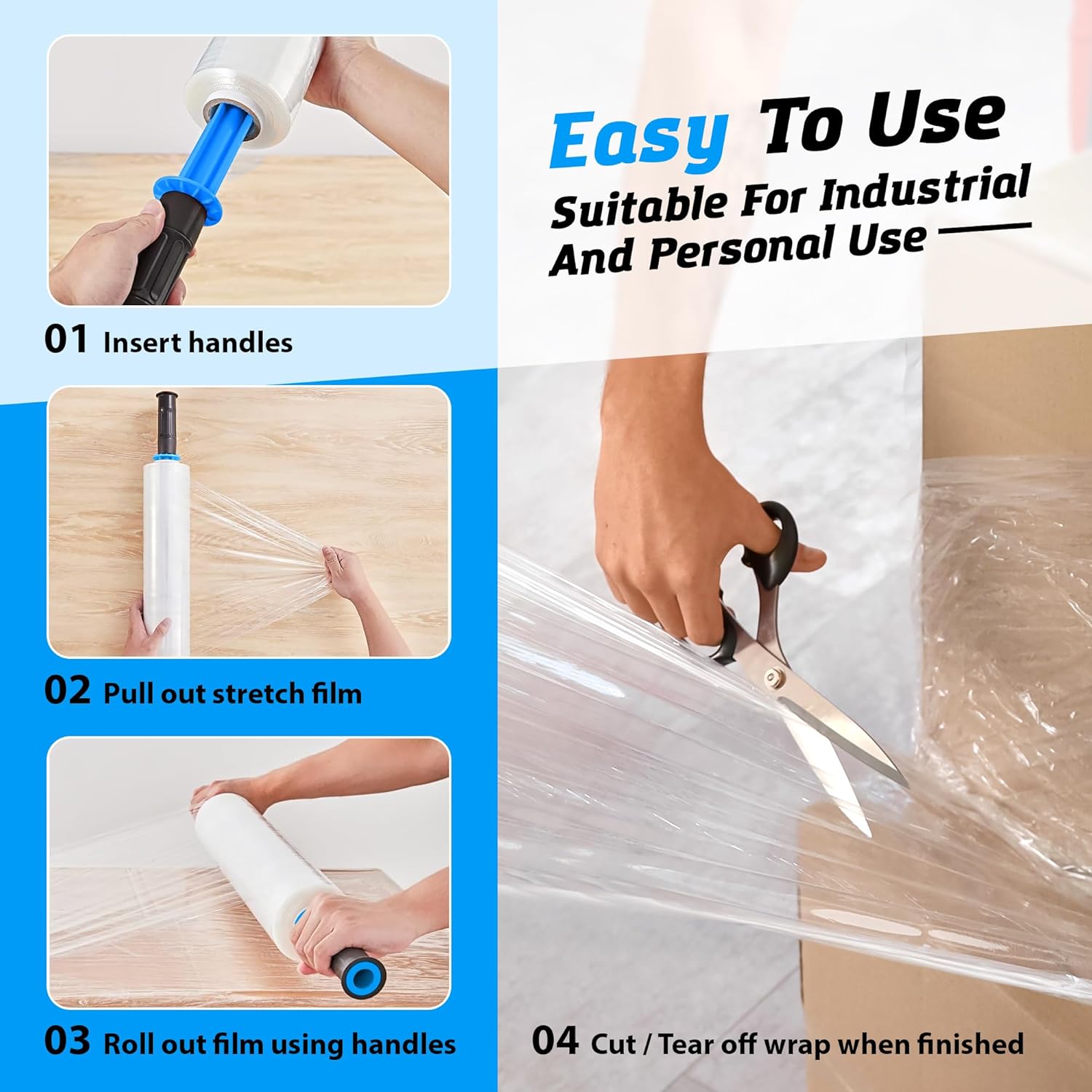 4 Rolls x 15" x 900 FT x Clear Heavy Duty Plastic Stretch Wrap Shrink Film for Shipping Packaging Moving Packing Trucking Logistics - Thicker Extra Durable Film - Wrap Holder Included