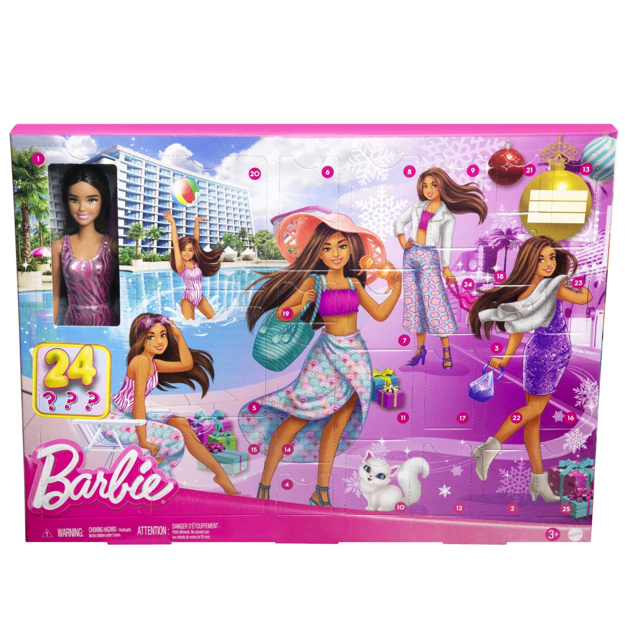 Barbie Calendario de Adviento con muñeca morena y 24 accesorios sorpresa de moda veraniega, gafas, zapatos y accesorios, juguete +3 años (HKB09)