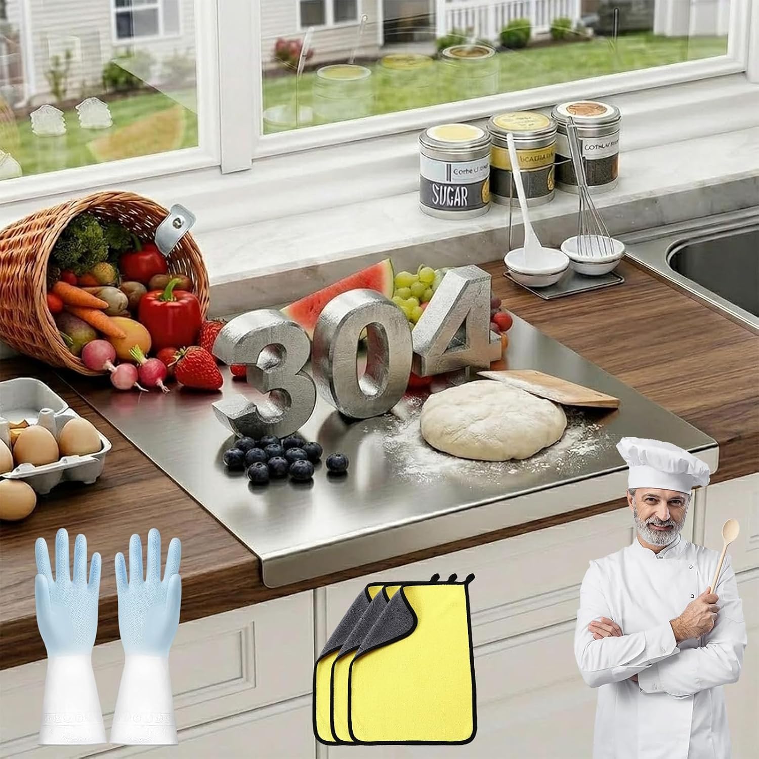 Stainless Steel Cutting Board with Lip for Kitchen, Food-Grade Cutting Board with Counter Lip Dishwasher Safe Chopping Board for Meat, Fish, Vegetables, Fruits, Bread, Pastry (30 * 30cm/12 * 12in)