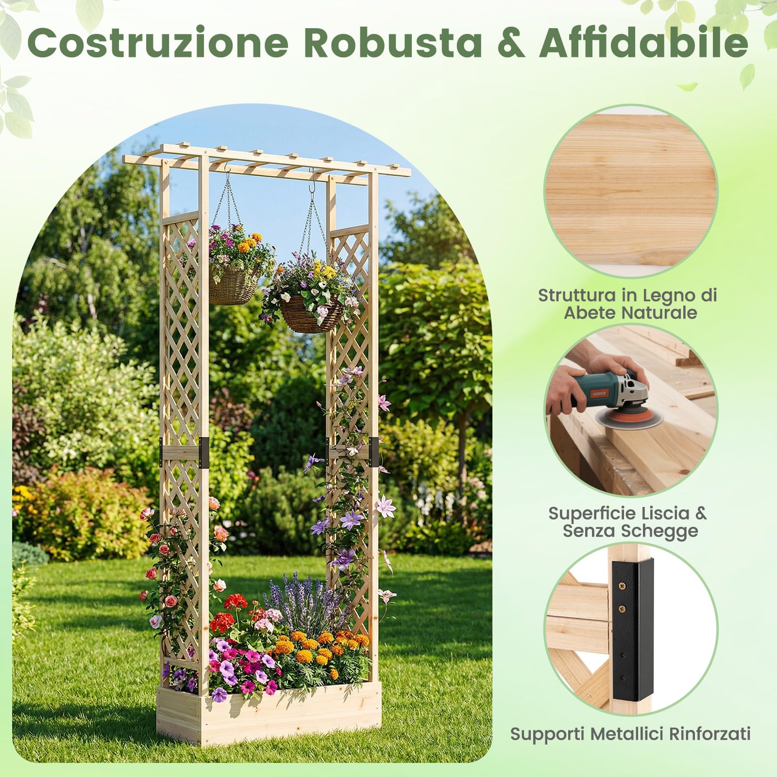 COSTWAY Fioriera Rialzata con Grigliato, Letto da Giardino Rialzato in Legno con Traliccio, Tetto e Fori di Drenaggio, Aiuola Elevata per Piante Rampicanti, Viti e Fiori (Naturale,110 x 35 x 227 cm)