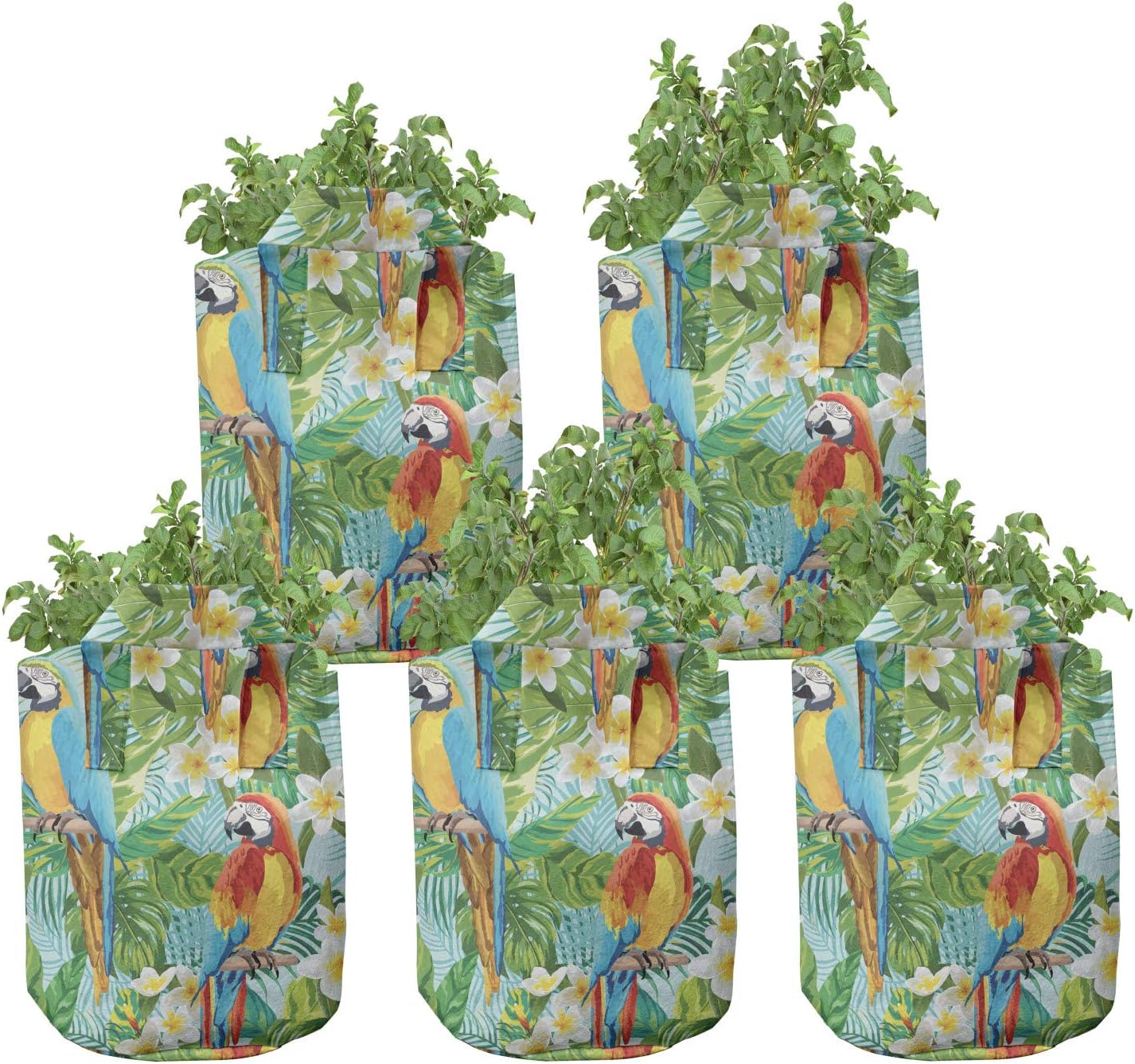 Lunarable Parrots Grow Bags 5-Pack, Animals and Plant Life Art, Heavyduty Fabric Pots with Handles for Plants, 7 Gallon, Multicolor