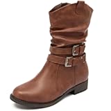 Women's Mid-Calf Cowboy Cowgirl Boots with Low Chunky Heel, Side Zipper, Motorcycle Style, Classic Round Toe,Fashion Western (Black/Dark Brown/Grey) Boots.