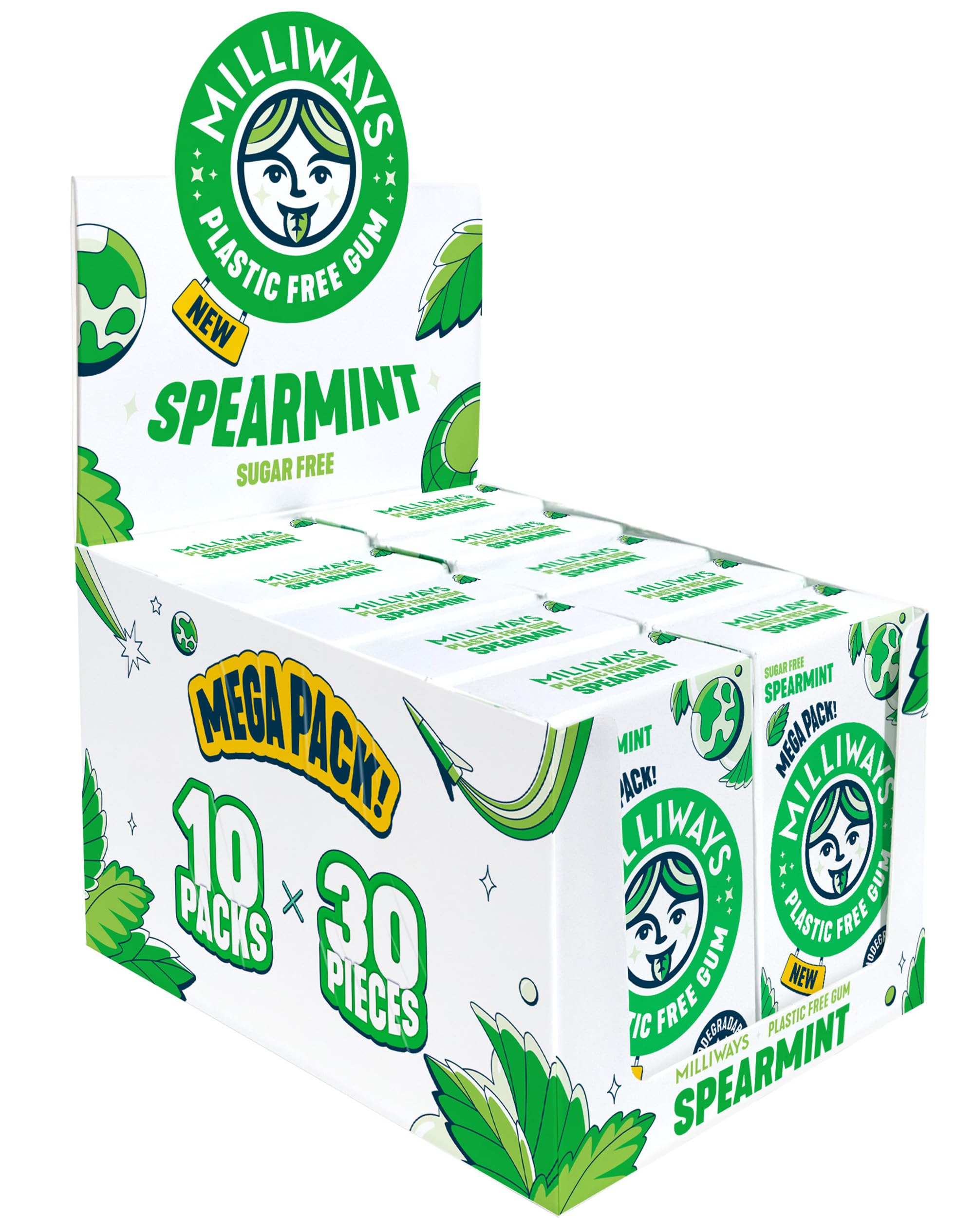 Spearmint Chewing Gum, Plastic Free, Sugar Free, Aspartame Free, Natural | 10 Packs of 30 Pieces (300 Pieces Total) | MEGA PACK | Xylitol, Plant-Based, Biodegradable