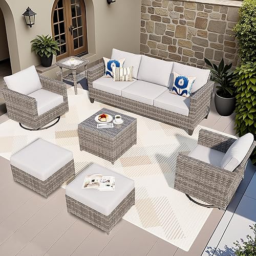 ovios Patio Furniture Set, 7 Pieces Outdoor Wicker Sofa Couch with Swivel Rocking Chairs Glass Table Comfy Cushions Rattan Conversation Set for Backyard Deck, Grey