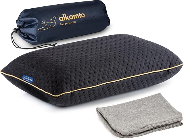 Alkamto Camping Pillow- Travel Pillow-Orthopedic Neck Support Pillow-Ergonomic Memory Foam- Black Thermoregulating cover with extra cotton cover-with waterproof carry bag for outdoor/travel-40x25x10cm