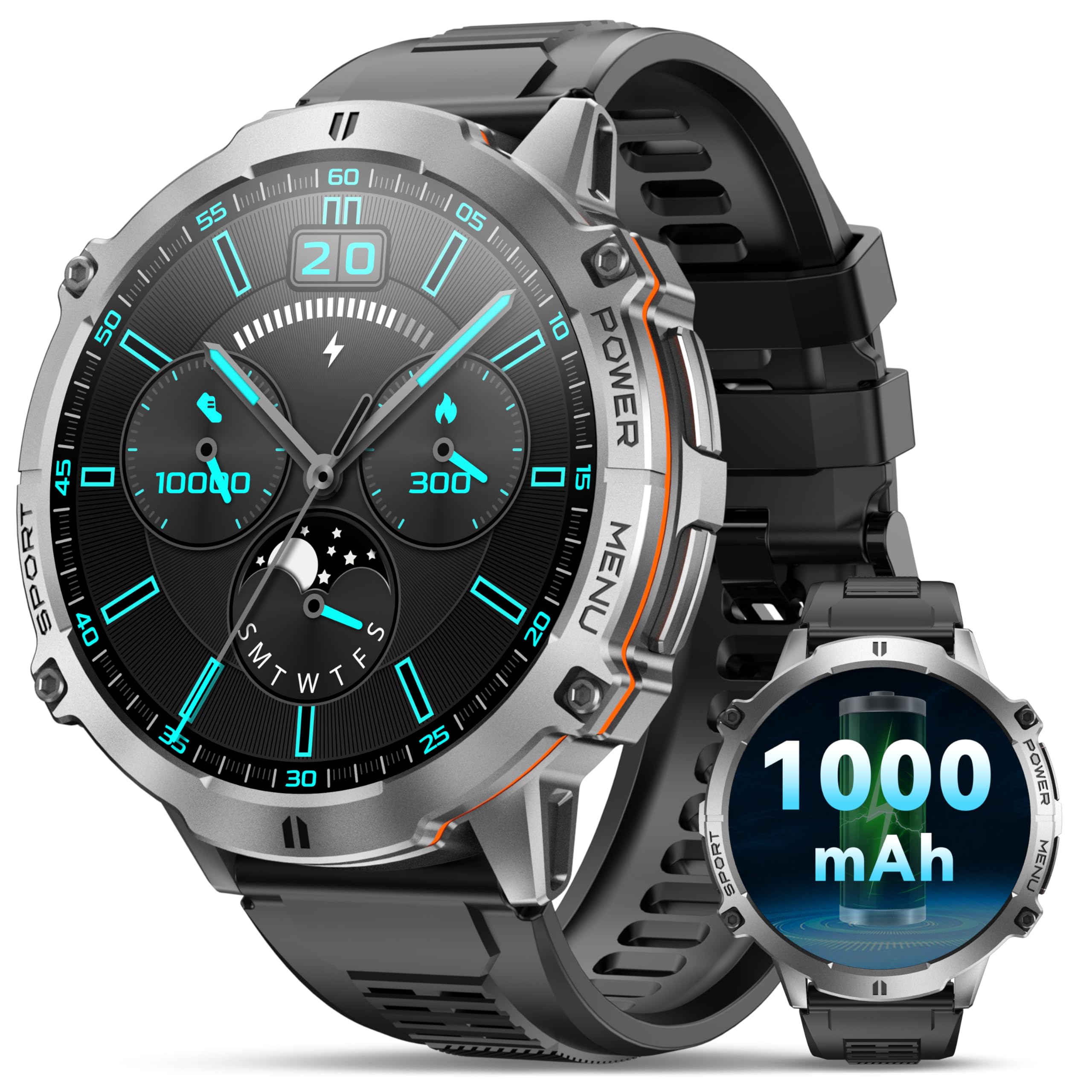 OUKITEL Orologio Smartwatch Uomo BT13 - Militare Smart Watch Tracker Attività con Chiamate Bluetooth 1000mAh 1.73" AMOLED 100+ Sportive IP68 Impermeabile Cardiofrequenzimetro/SpO2 per Android iOS