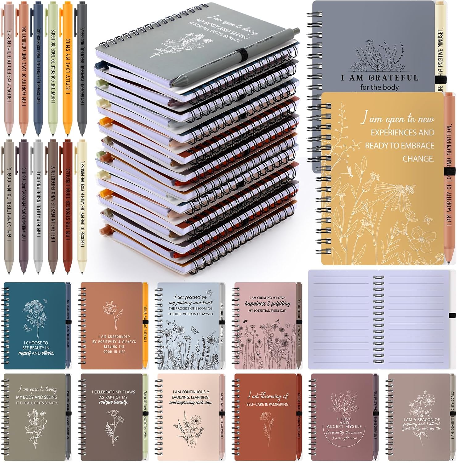 Kosiz 24 Pcs/12 Set Positive Affirmation Gifts Gratitude Spiral Notebooks with Pens Motivational Encouragement Notepads Daily Affirmations Journal for Women Valentine Galentine Gifts (Vibrant)