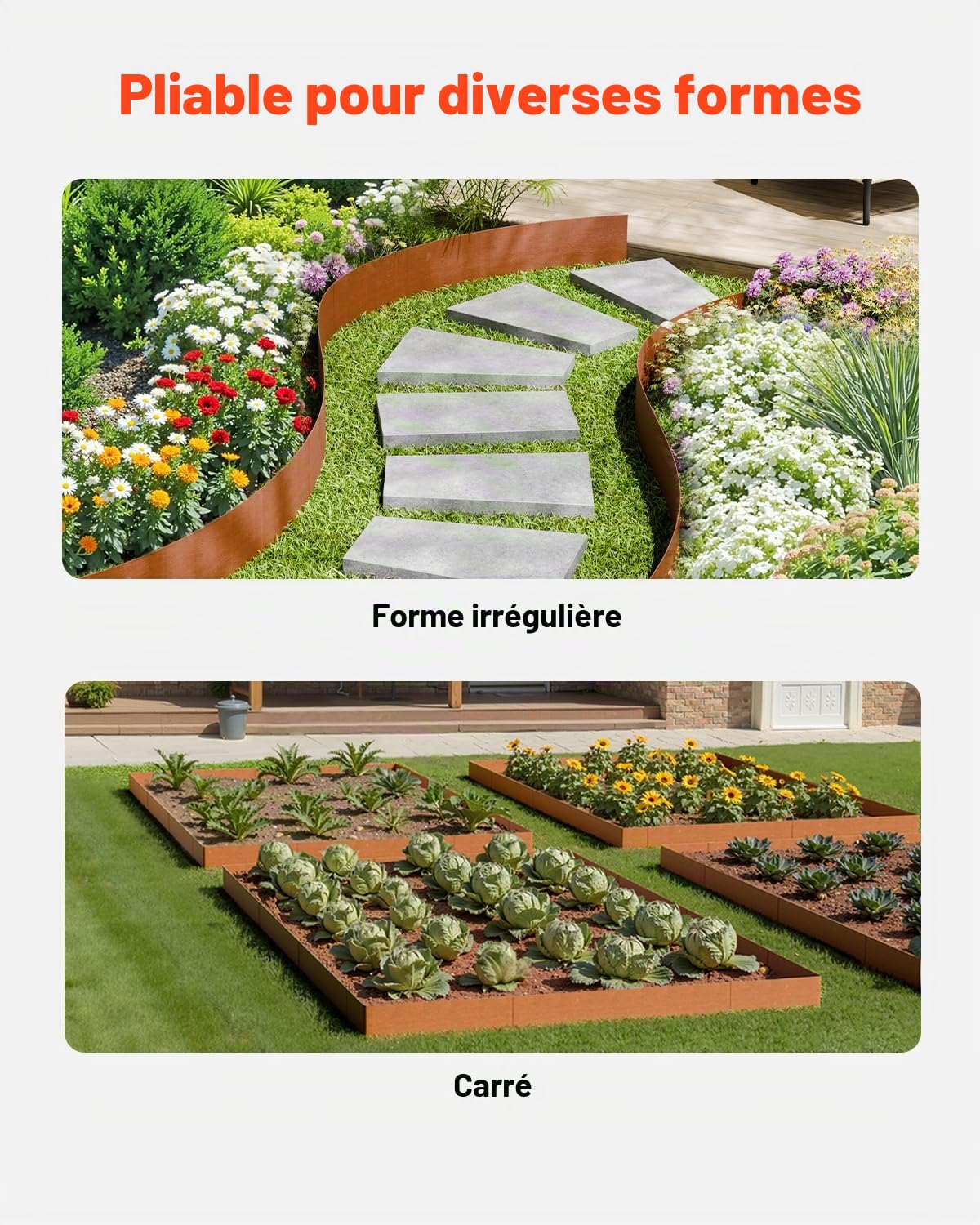 VEVOR Bordure de Jardin en Acier, Lot de 6, Bordures Paysagères en Métal, Résistant aux Intempéries, 1016 x 203,2 mm, Installation Simple, Bandes Pliables pour Séparateur de Chemin de Cour, Pelouse