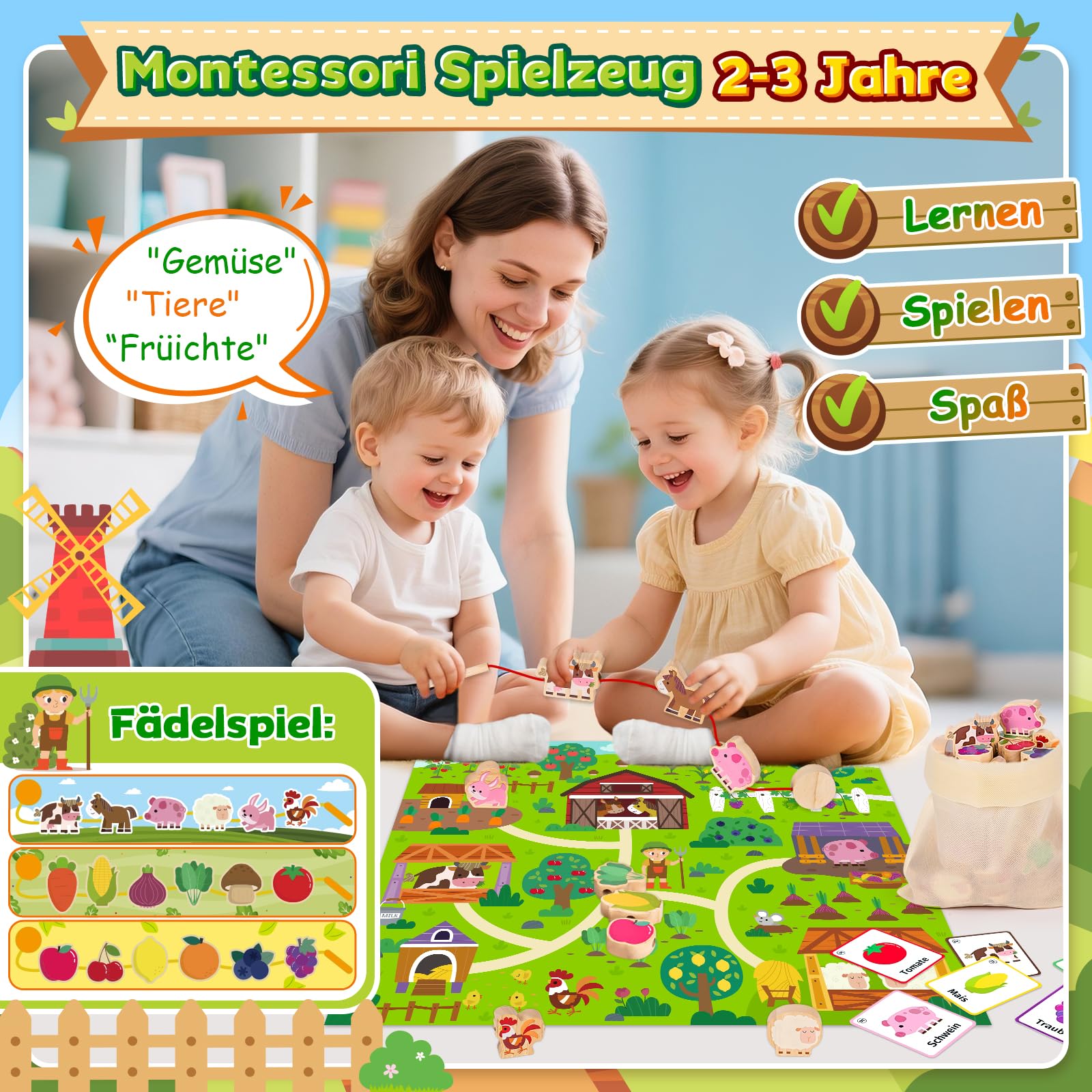 Juguetes Montessori Niños 1 2 3 Años: Regalo Niña Niño 2 3 Años cuentas de Madera Juguete Enhebrar Juegos Educativos Niños 1-3 Años Regalo de Cumpleaños Tema de la Granja con Animales Frutas Verduras