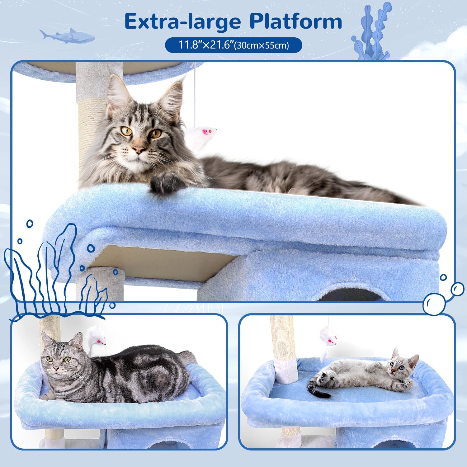 review S72 Heavy Duty Ocean Blue Cat Tree for Large Cats | Sturdy 72in Maine Coon Cat Tree for Large Cats 20 lbs+ | Cool Heavy Duty Cat Tower for Adult Biggest Cats with 6 Scratching Posts, Hammock