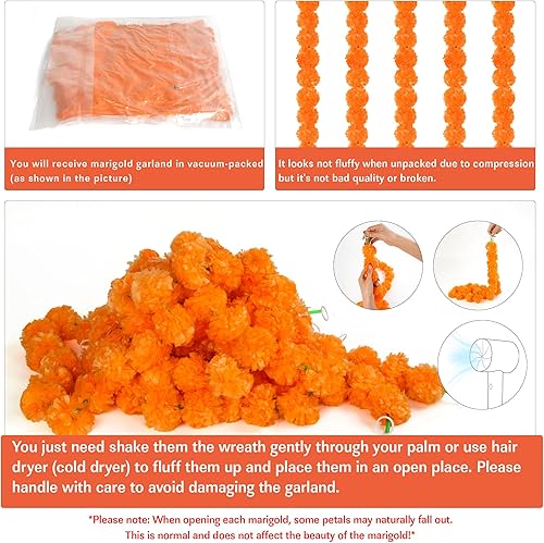 Miniatura 3 de 5 guirnaldas de caléndula para decoración, flores artificiales de caléndula de 5 pies, decoraciones Diwali para el hogar, cabezas de caléndula