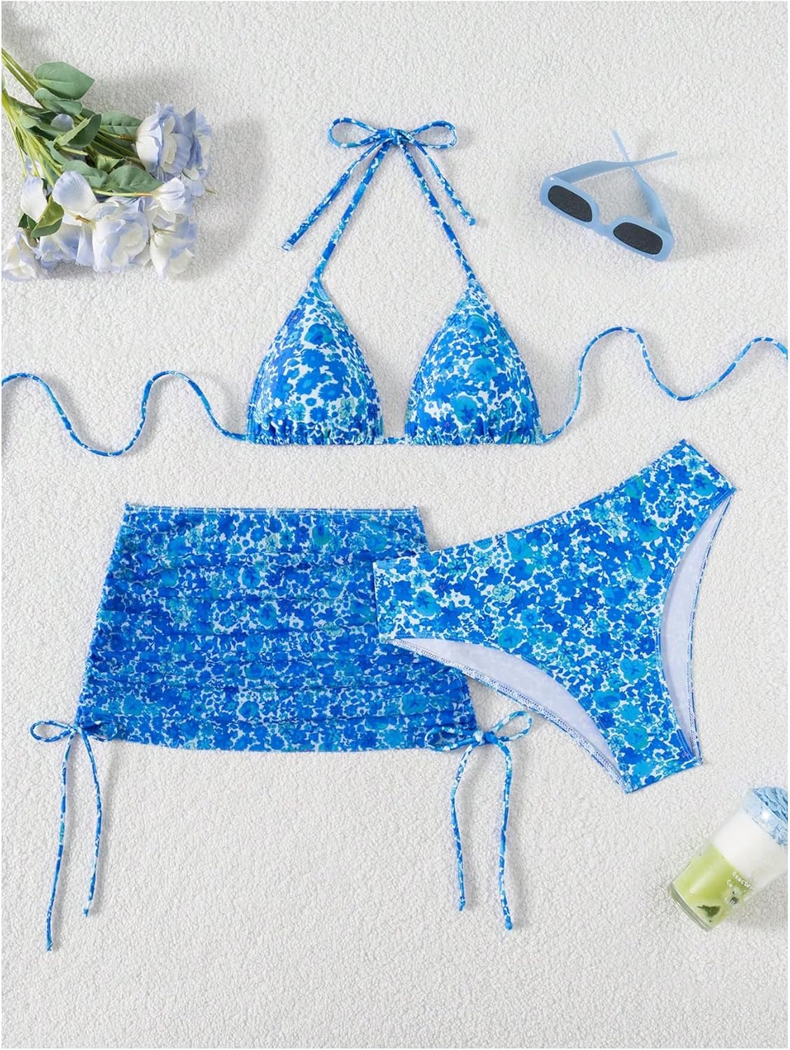 Women's 3 Piece Bikini Set Leopard Print Tie Back Halter Tie Triangle Swimsuit with Cover Up Skirt Beach Outfits - Image 2