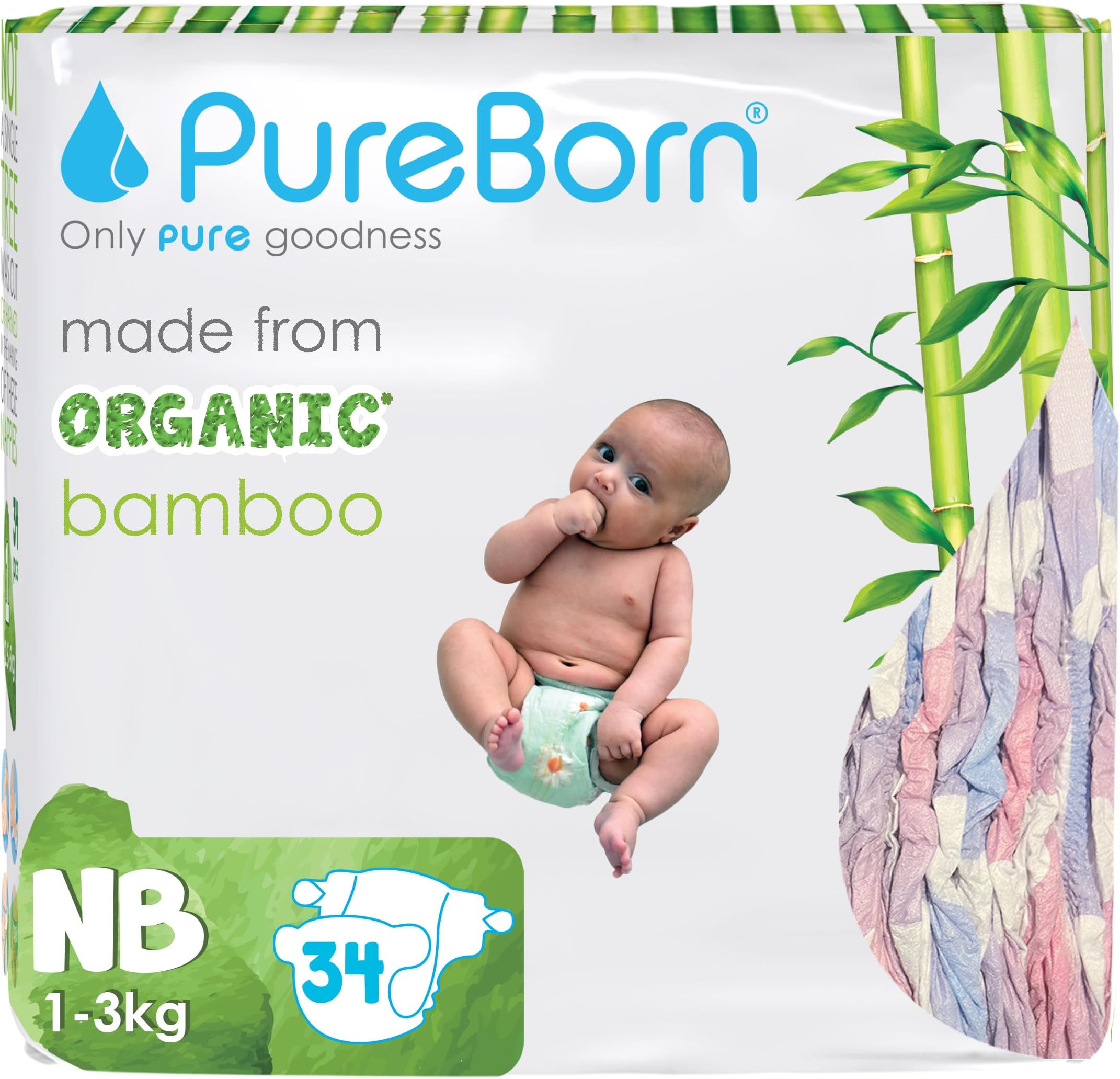 PureBorn Pure Organic Bamboo Baby Nappies โ Size NB, Hypoallergenic, Ultra Soft, 34-Count (1-3 KG), 100% Plant-Based Eco-Friendly, Clouds Print