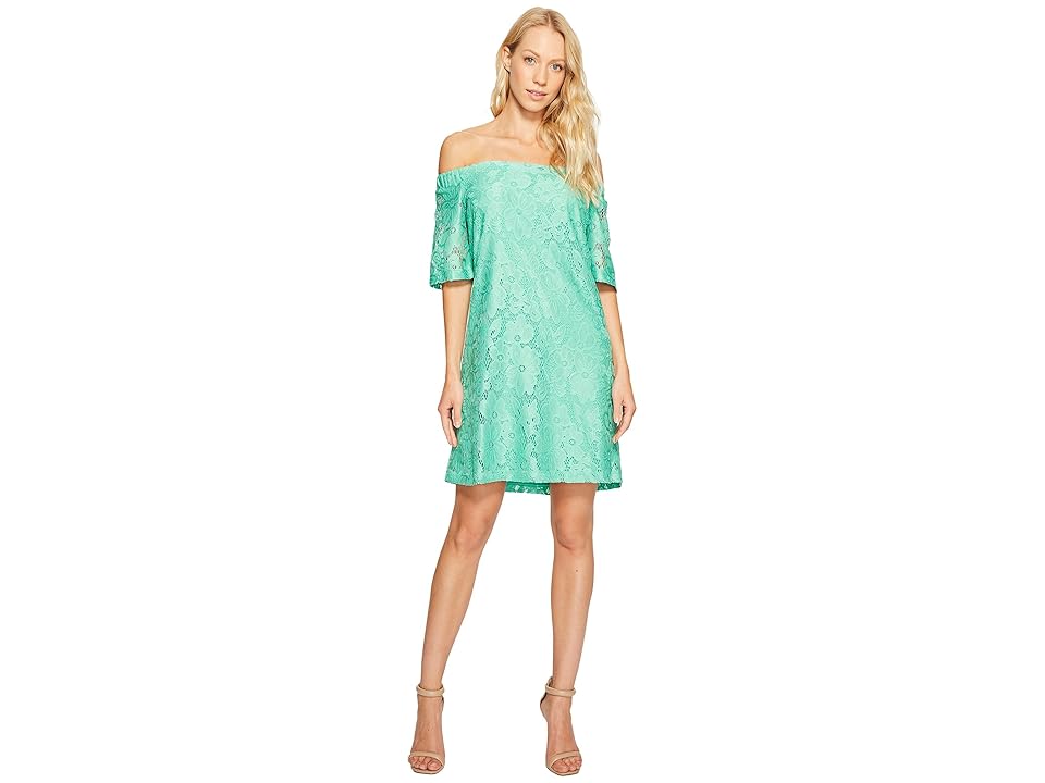 

Donna Morgan Off the Shoulder Short Sleeve Knit Lace Shift Dress (Field Green) Women's Dress