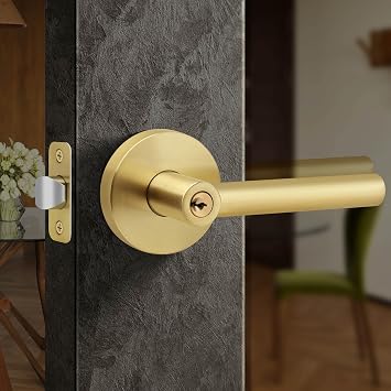 Moquin Gold Door Handle with Lock and Key, Heavy Duty Keyed Entry Brushed Gold Door Handles for Bedroom or Front Door, Satin Brass