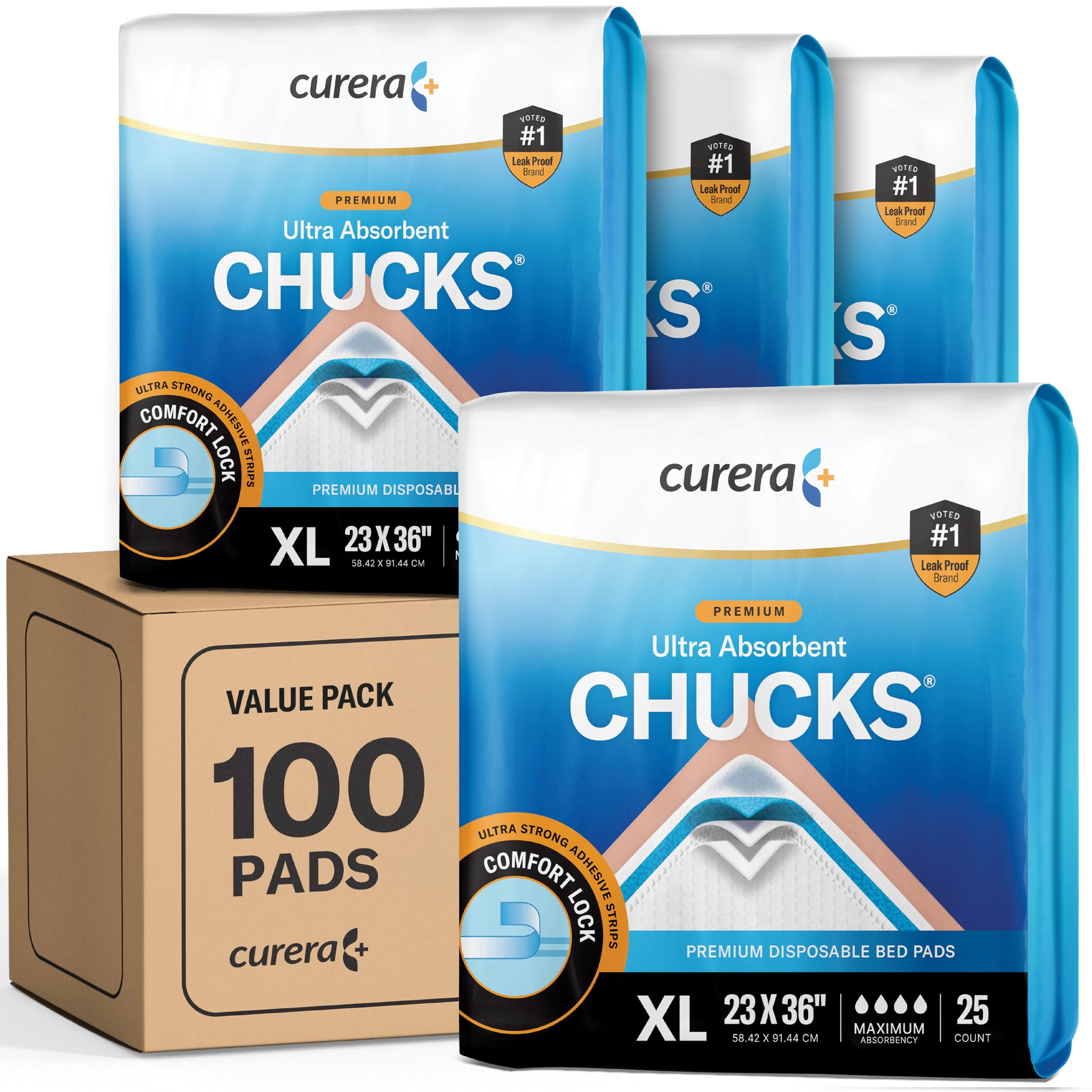 Curera Chucks almohadillas desechables premium 50 cm x 86 cm [100 cuenta] almohadillas de cama de incontinencia chux ultra absorbentes desechables para adultos con cinta adhesiva, almohadillas de