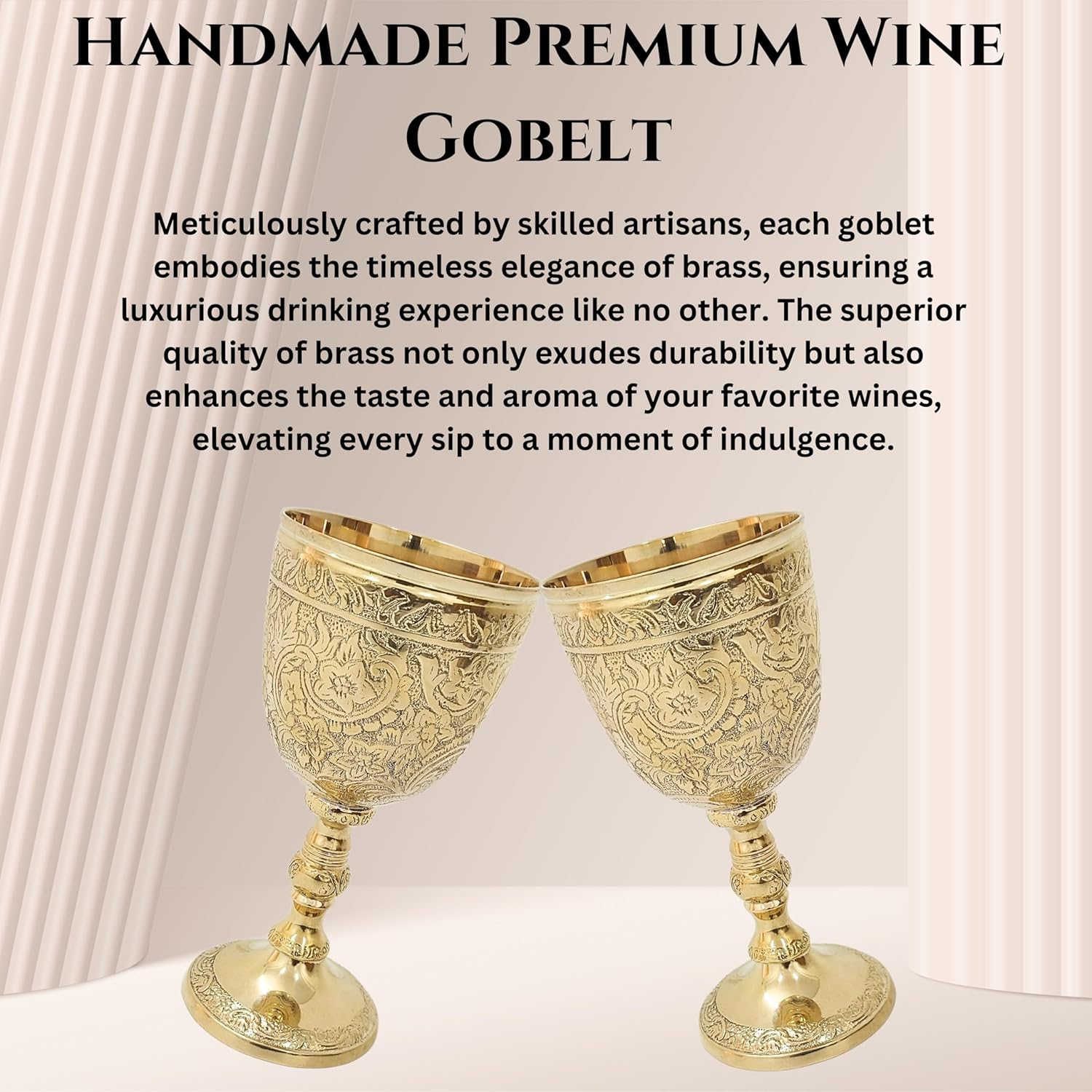 Solid Brass Vintage Chalic Goblet Medieval Handmade Decorative Wine Glass Communion Cup with Royal Embossed Design 1Pcs (With Box, Gold)