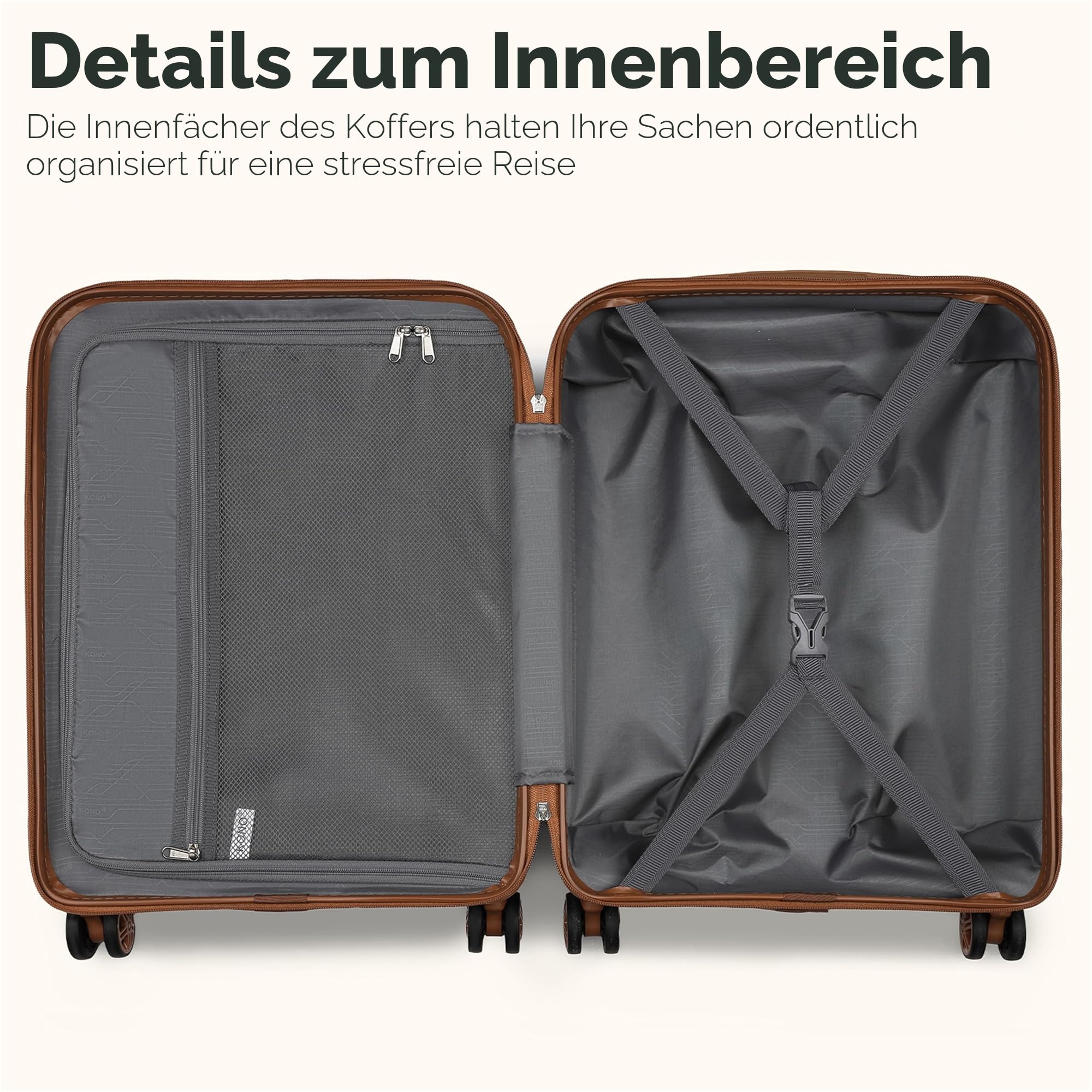 KONO Koffer Groß, Erweiterbar Hartschalenkoffer leicht, Reisekoffer mit 4 Rollen TSA Schloss, ABS+PC Hartschale (Creme/Braun,XL)