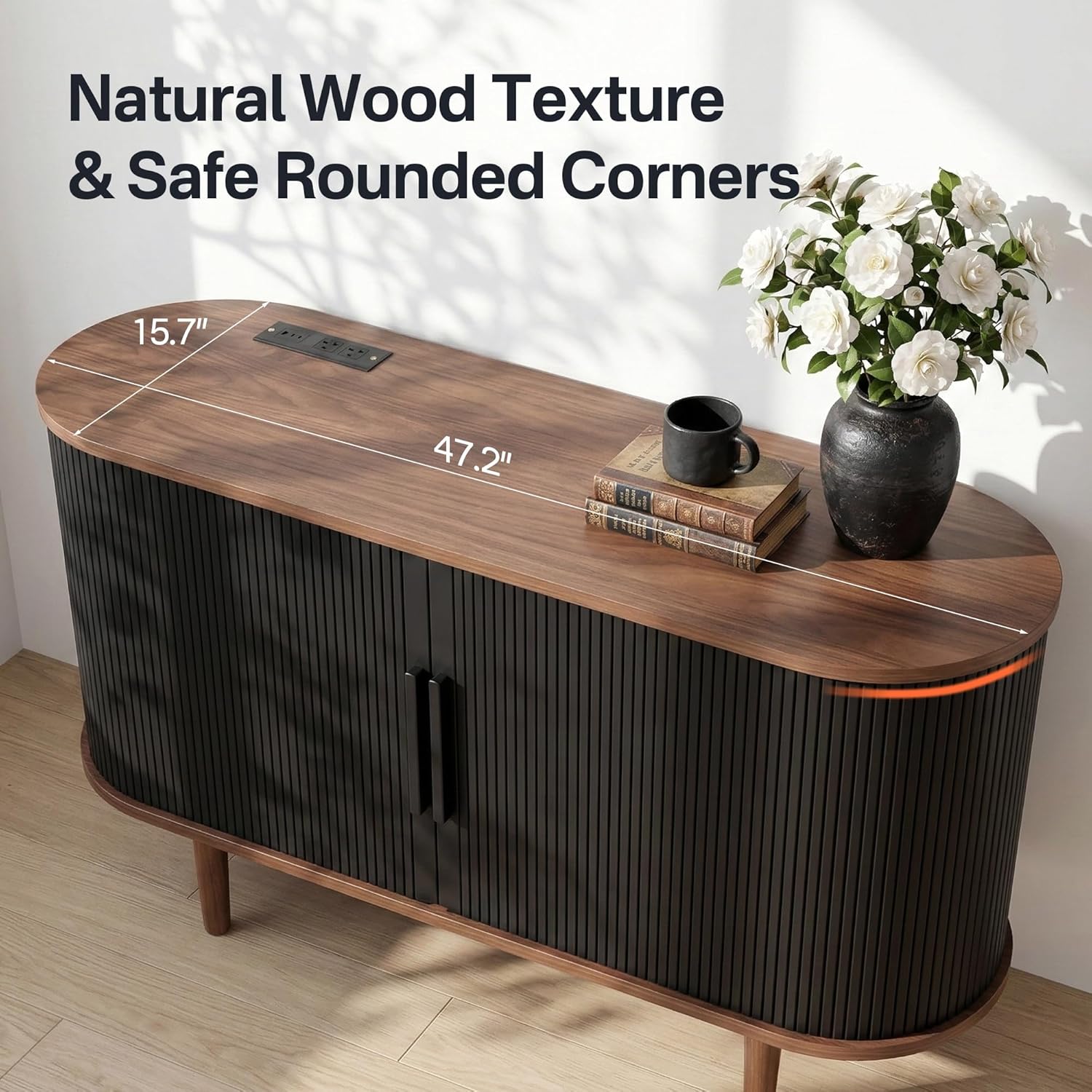 47" Sideboard Buffet Cabinet with Storage, Mid Century Modern Storage Cabinet with Built-in Outlet & Sliding Doors, Accent Coffee Bar Console Table for Dining Room, Kitchen, Entryway, Black