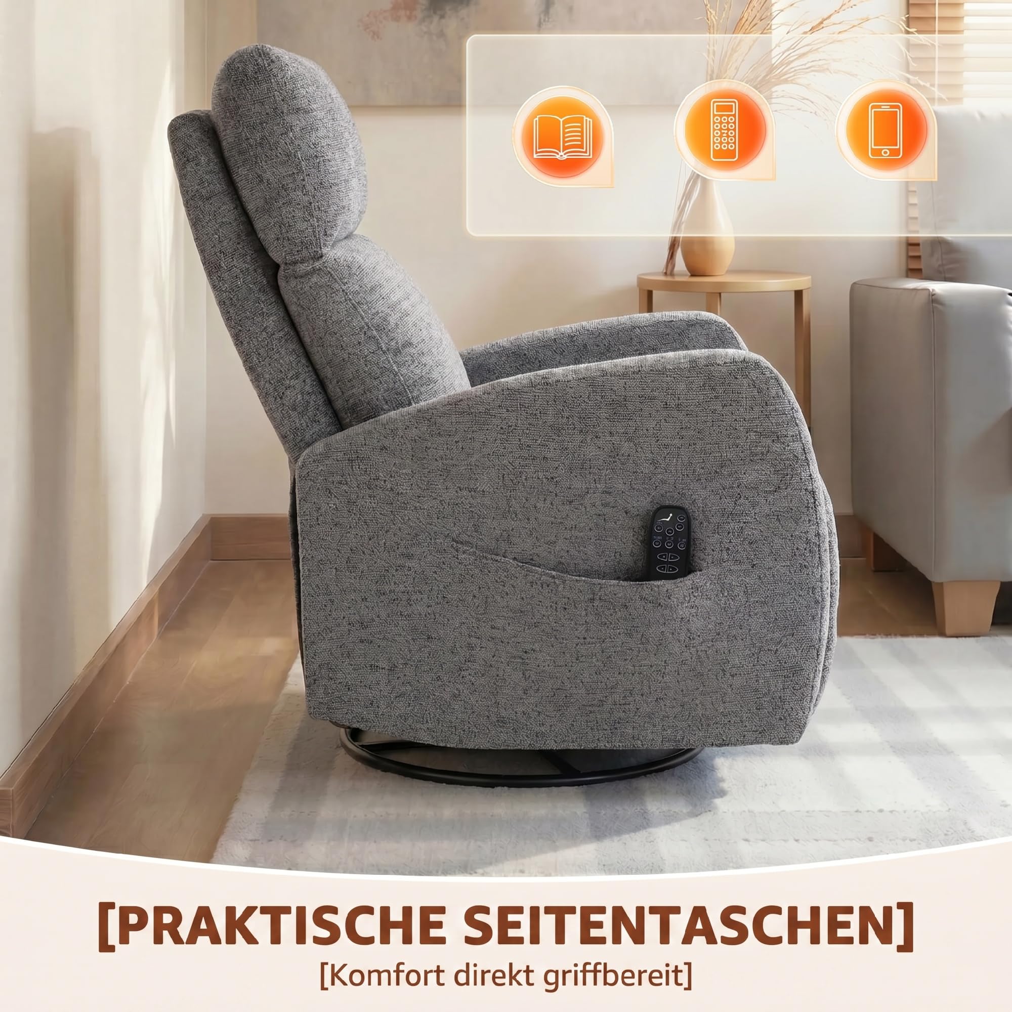 HOMCOM Relaxsessel Fernsehsessel Wärme und Vibrationsmassage Dunkelgrau | Drehbarer Massagesessel, Liegefunktion, Wippfunktion, Seitentasche, TV-Sessel mit Chenille-Optik, für Wohnzimmer