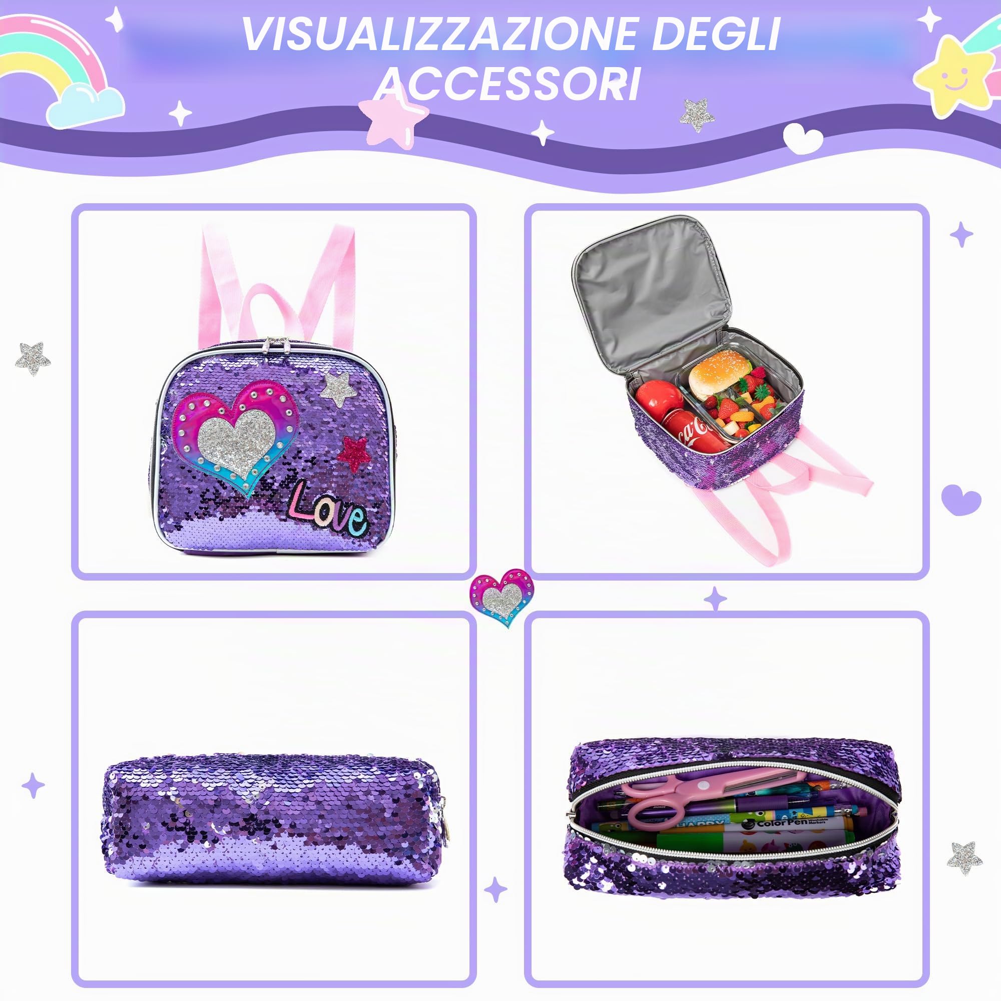 HTgroce Trolley Zaino con ruote, astuccio, borsa per il pranzo, 3 in 1, facile da arrotolare, per ragazze, borse per la scuola