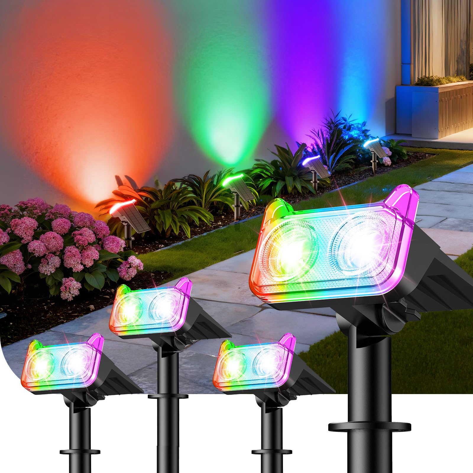 GEARLITE 4 Stück Bunte Solarlampen für Außen Garten, Farblicht RGB 8 Modi Superhelle 800 Lum Solar Strahler Max 15 Stunden Arbeitszeit, IP65 Gartenstrahler für Außen Bäume Hof Garten Weg Deko