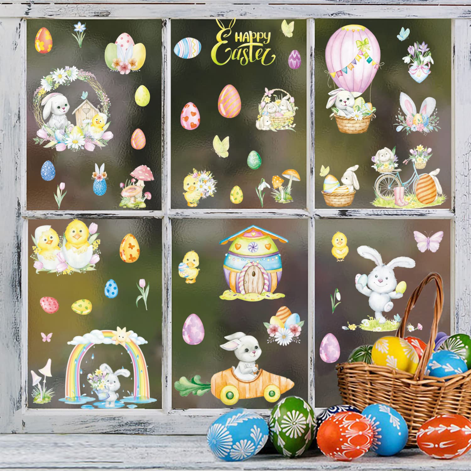 9 Sheet Easter Window Clings Watercolor Easter Bunny Chick Rabbit Egg Window Decals Double-Sided Holiday Window Stickers Decorations for Easter Home School Office Decor Games Party Supplies