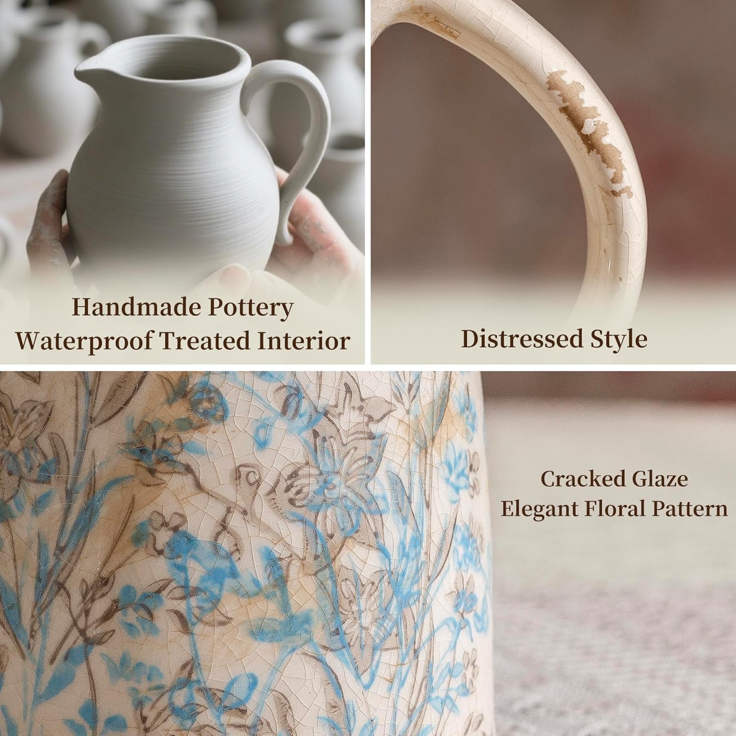 Vintage Ceramic Pitcher Vase with Handle, Farmhouse Blue and Brown Large Floral Vases, French Country Decorative Vase, Rustic Table Centerpiece for Home Decor Living Room, Bookshelf, Office 10.5 Inch - Image 5