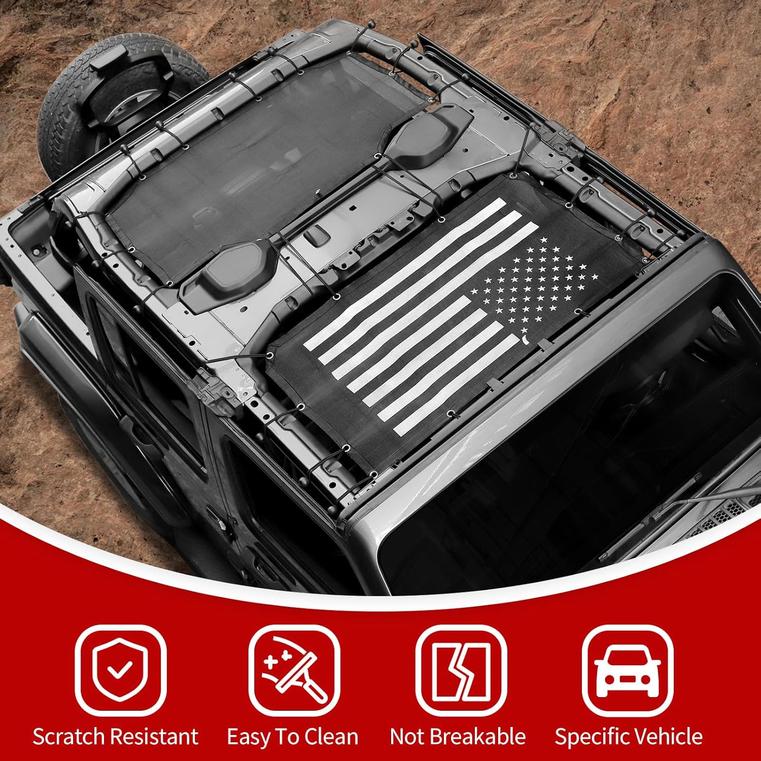 JeCar Mesh Sunshade Cover Front & Rear Sun Shade UV Protection Bikini Sun Screen Exterior Accessories Compatible with Jeep Wrangler 4-Door JLU 2018-2024, American Flag, 2 Pieces